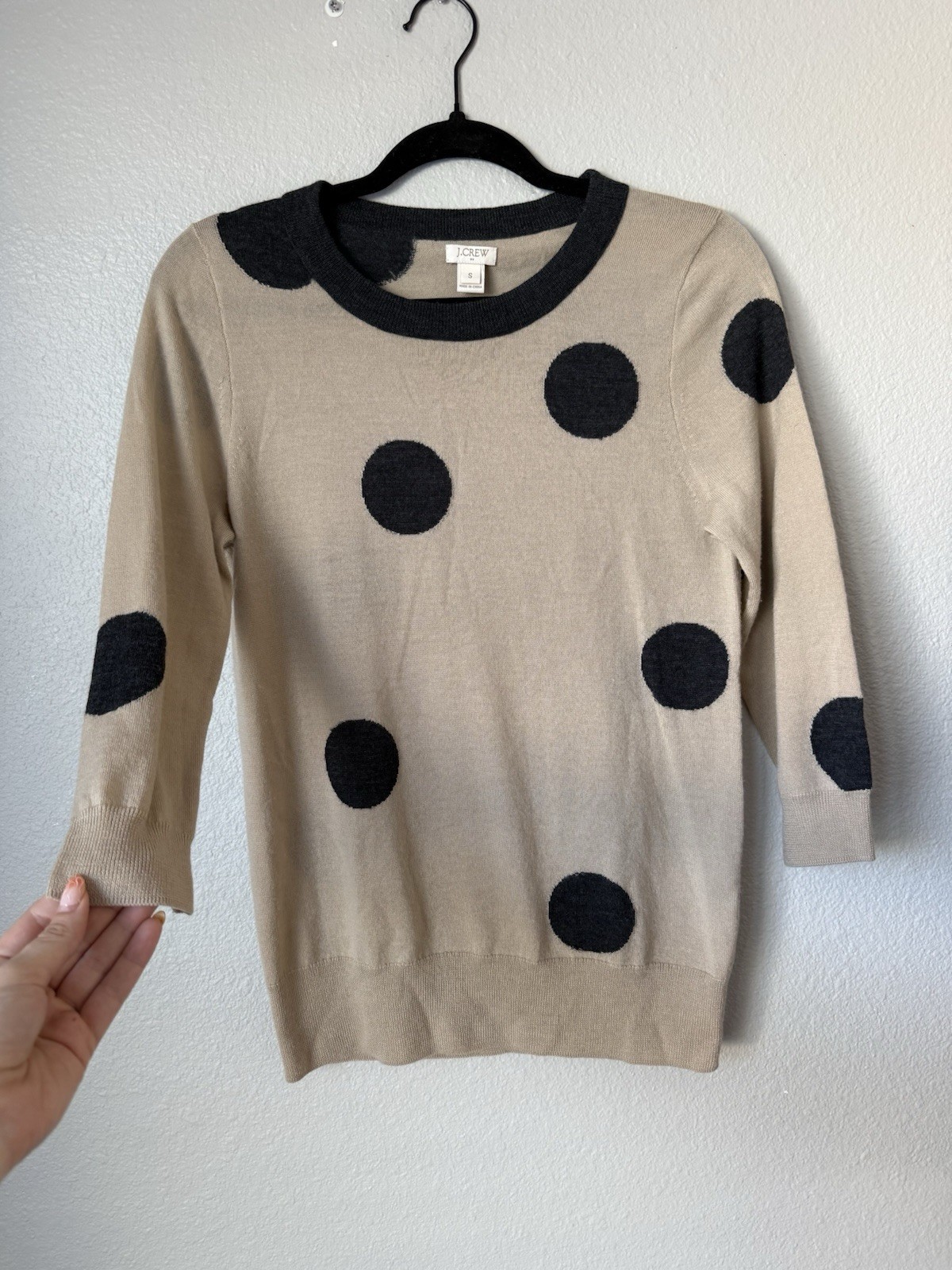 J Crew 100% Merino Wool Womens Beige Polka Dot Sweater SZ S Quiet Luxury Preppy