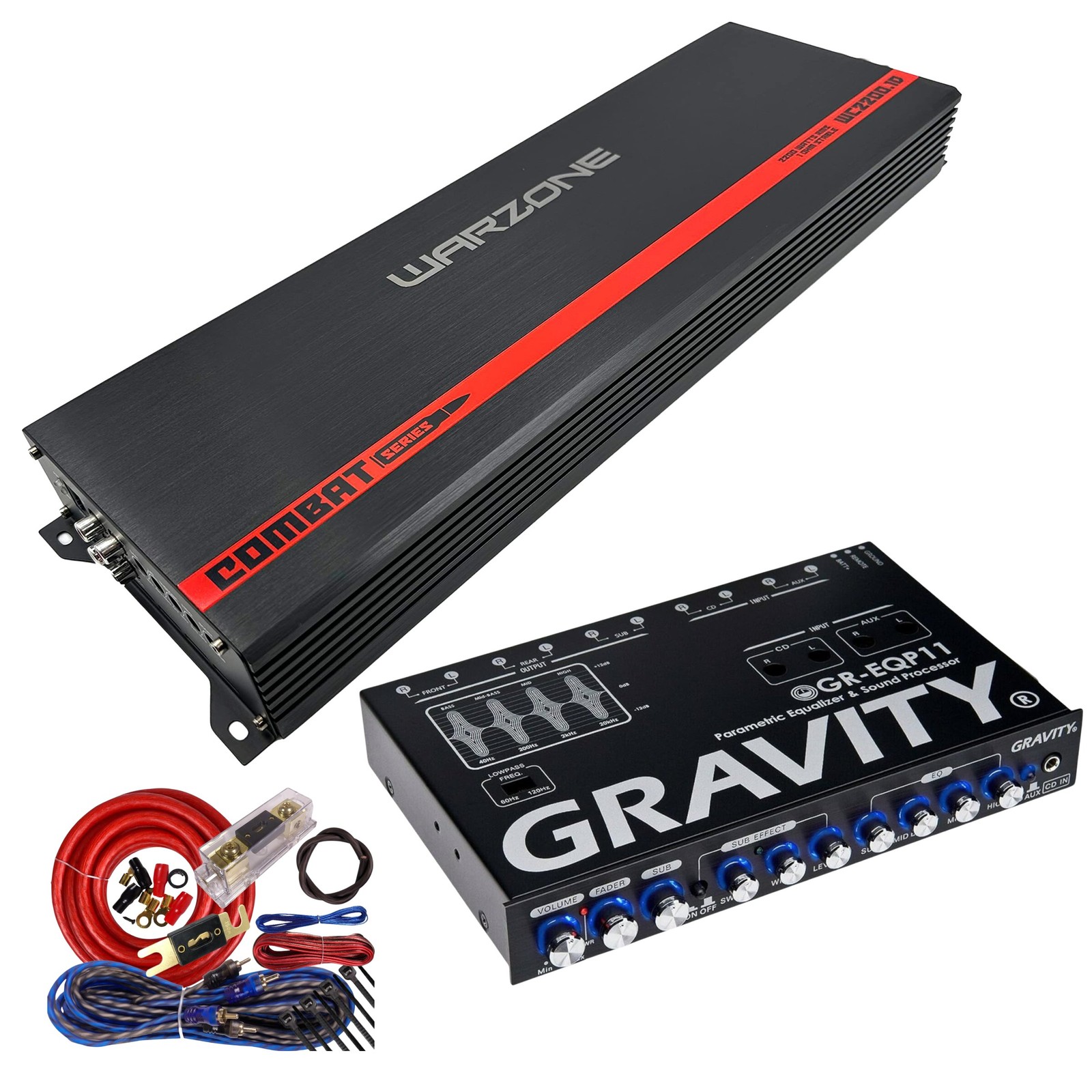 Gravity WC2200.1D Warzone 2200W Amplifier + GR-EQP11 Equalizer + Wiring Kit