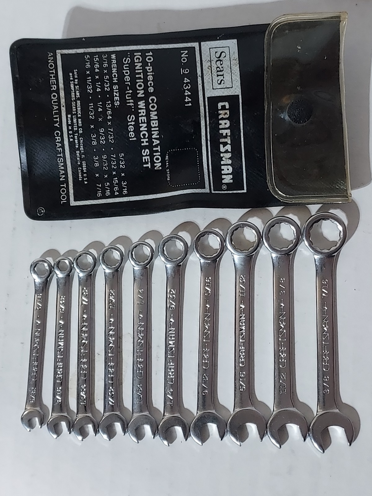 Vintage CRAFTSMAN 9-43441 SAE 10 PC COMBINATION IGNITION WRENCH SET USA V series