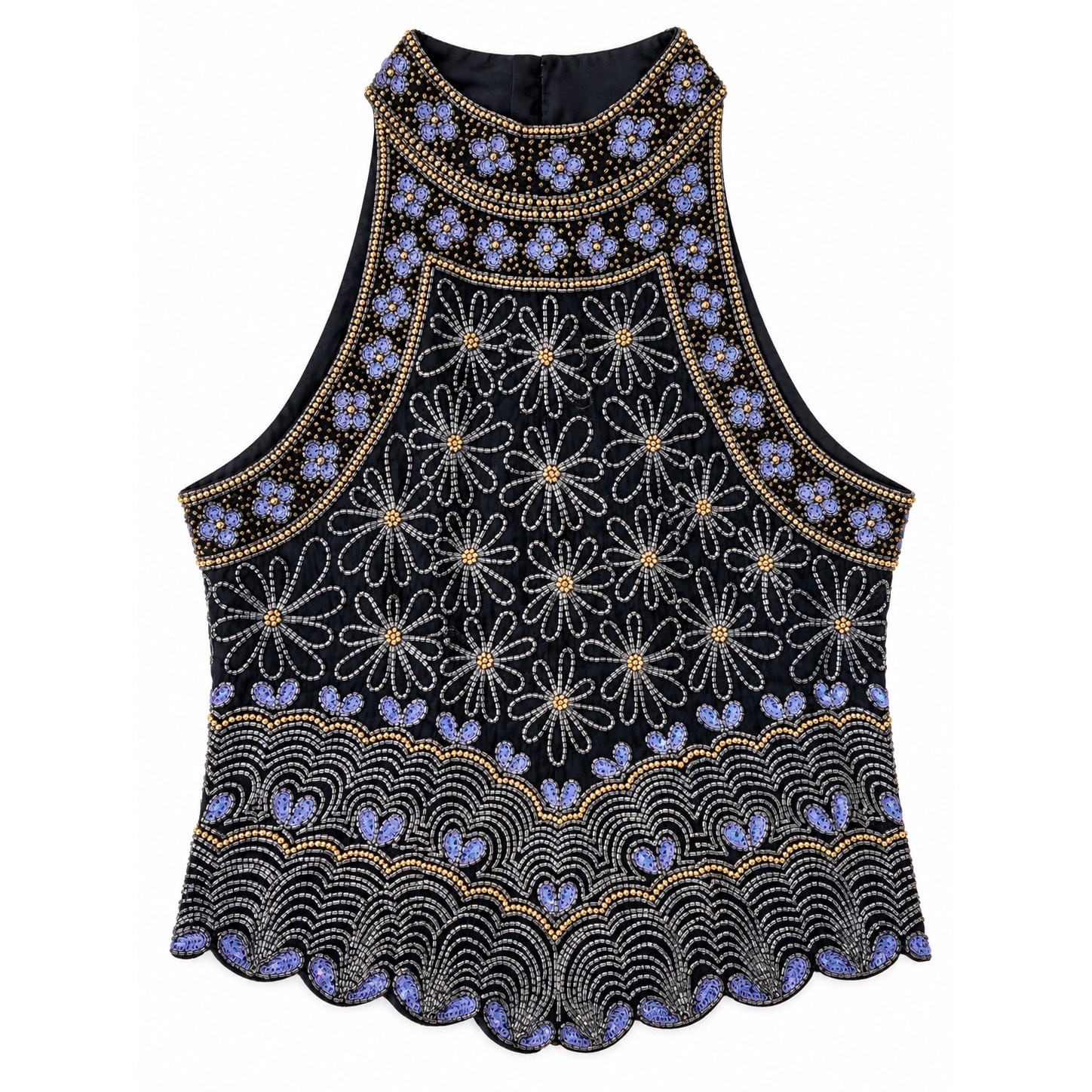 Vintage 90s Mark & John Gopal Beaded Silk Halter Top Black Sequin Size S Floral
