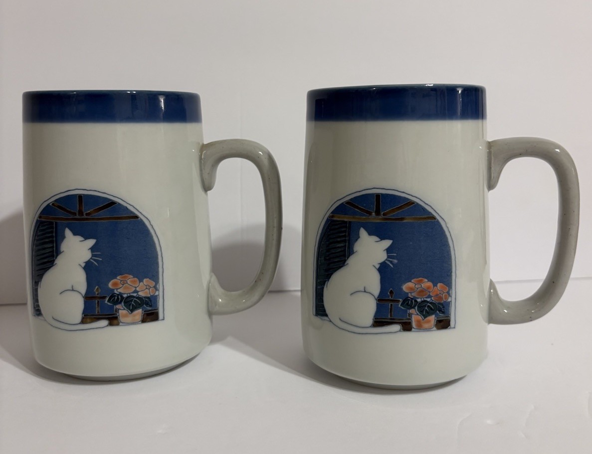 Utagiri Ceramic Cat in Window Tall Coffee Cup Mug 16oz Set Of 2 Utagiri Ceramic Cat in Window Tall Coffee Cup Mug 16oz Set Of 2
