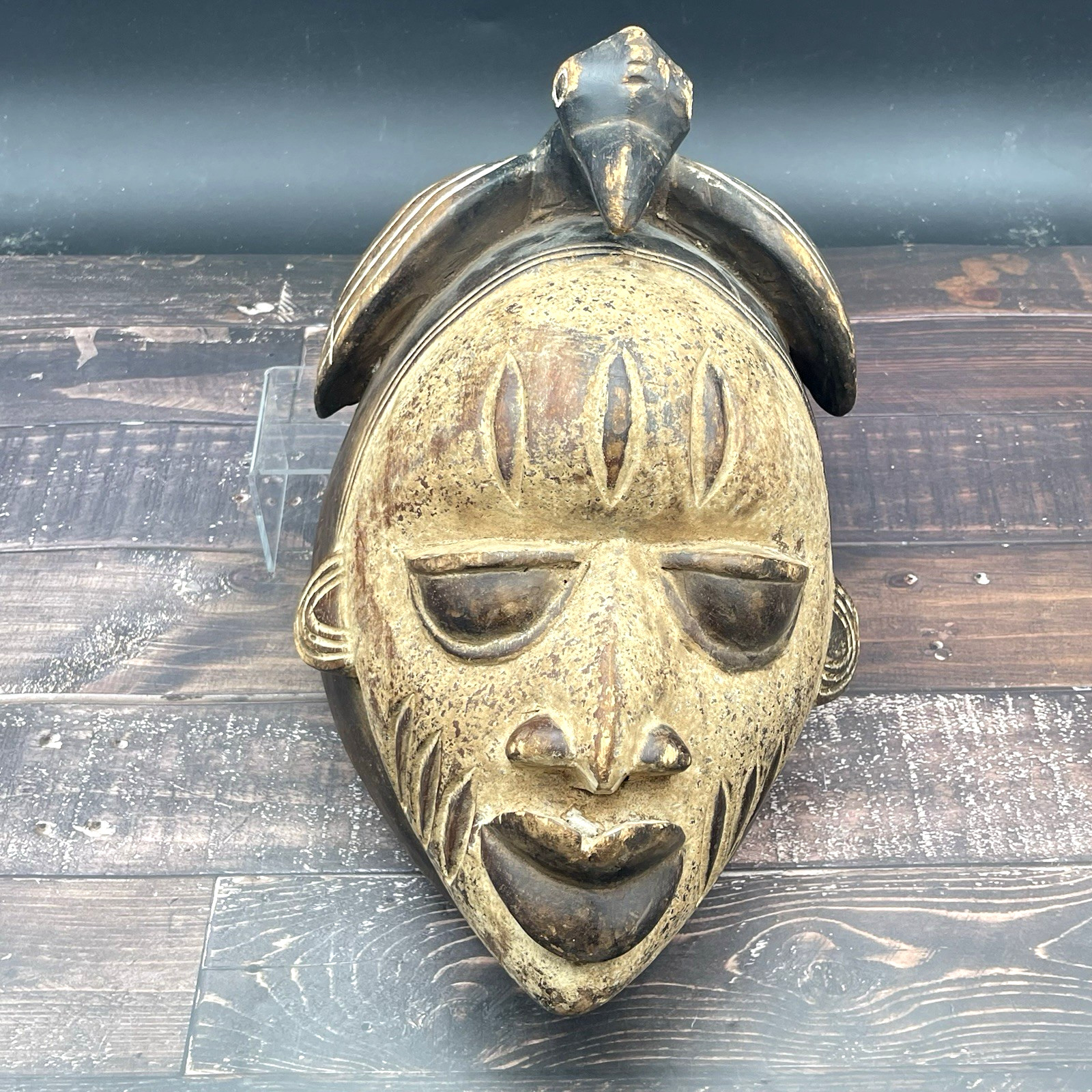 Vtg Authentic Hand Carved African Hardwood Tribal Mask Black Crow Headdress 15\