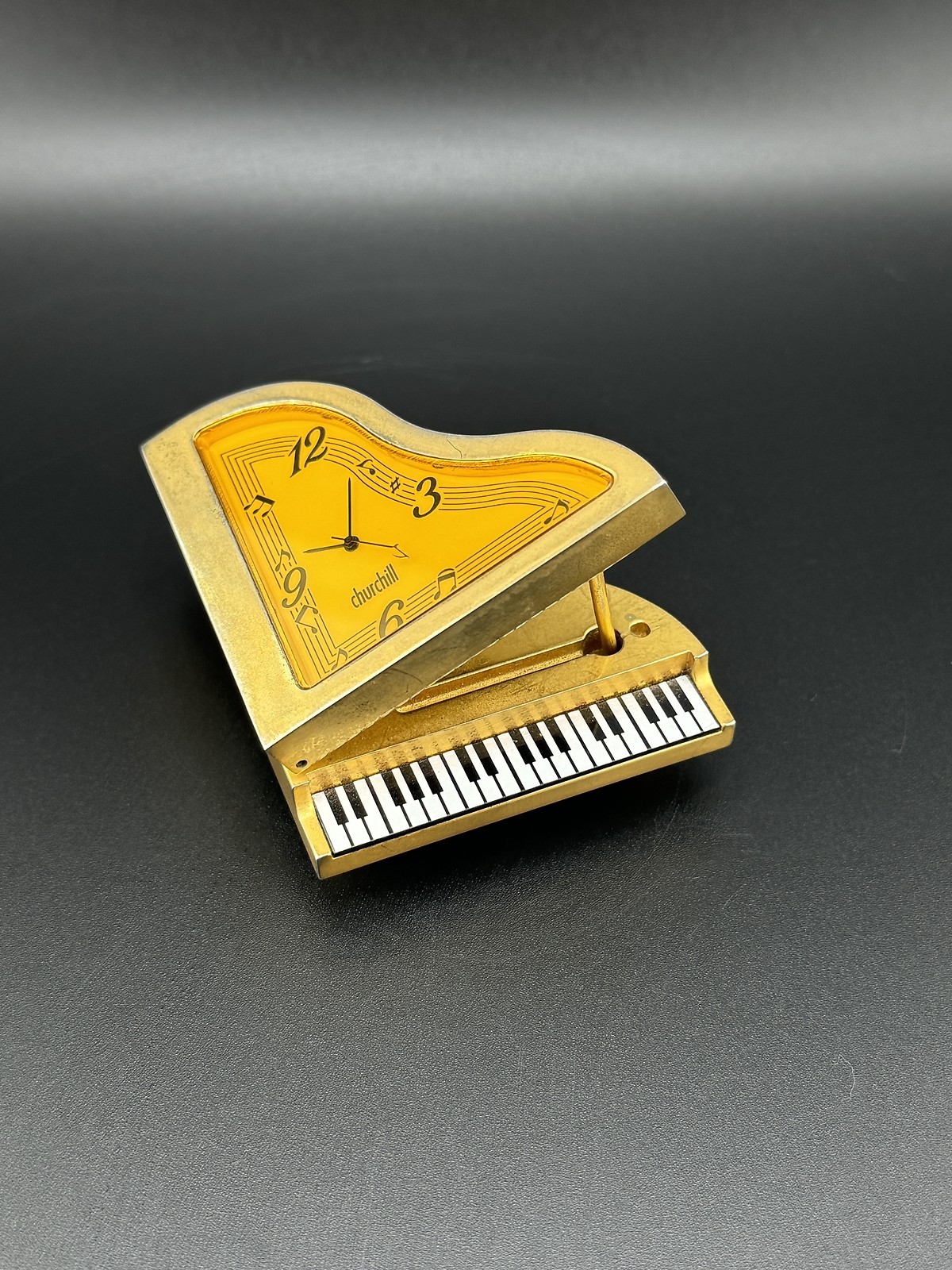Vintage Churchill Grand Piano Miniature Clock Gold Tone w/ Musical Note Design