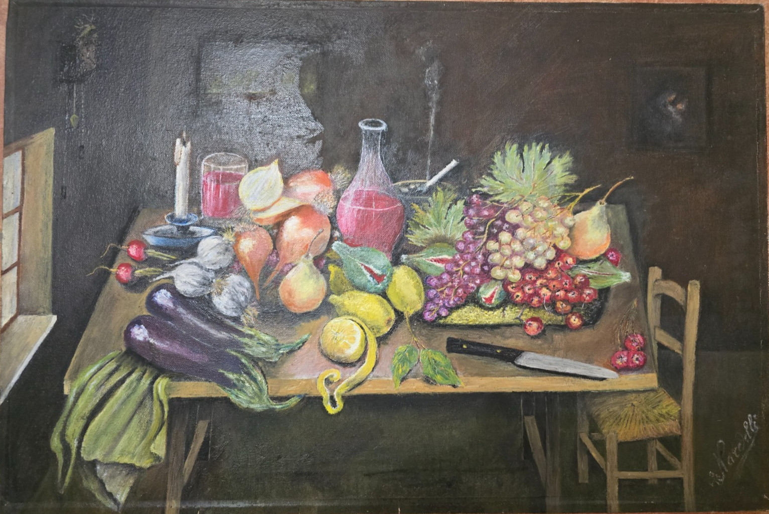 Original Italian Still Life Oil Painting - Wall Art Fruit, Vegetables and Wine.