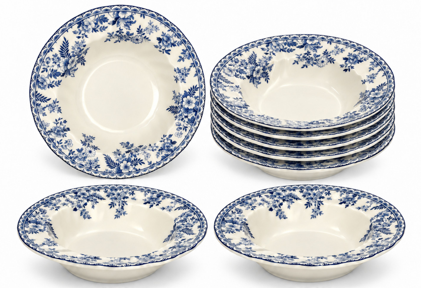 Johnson Brothers Devon Cottage Pasta Bowls Set of 10 Blue White Floral 8.75
