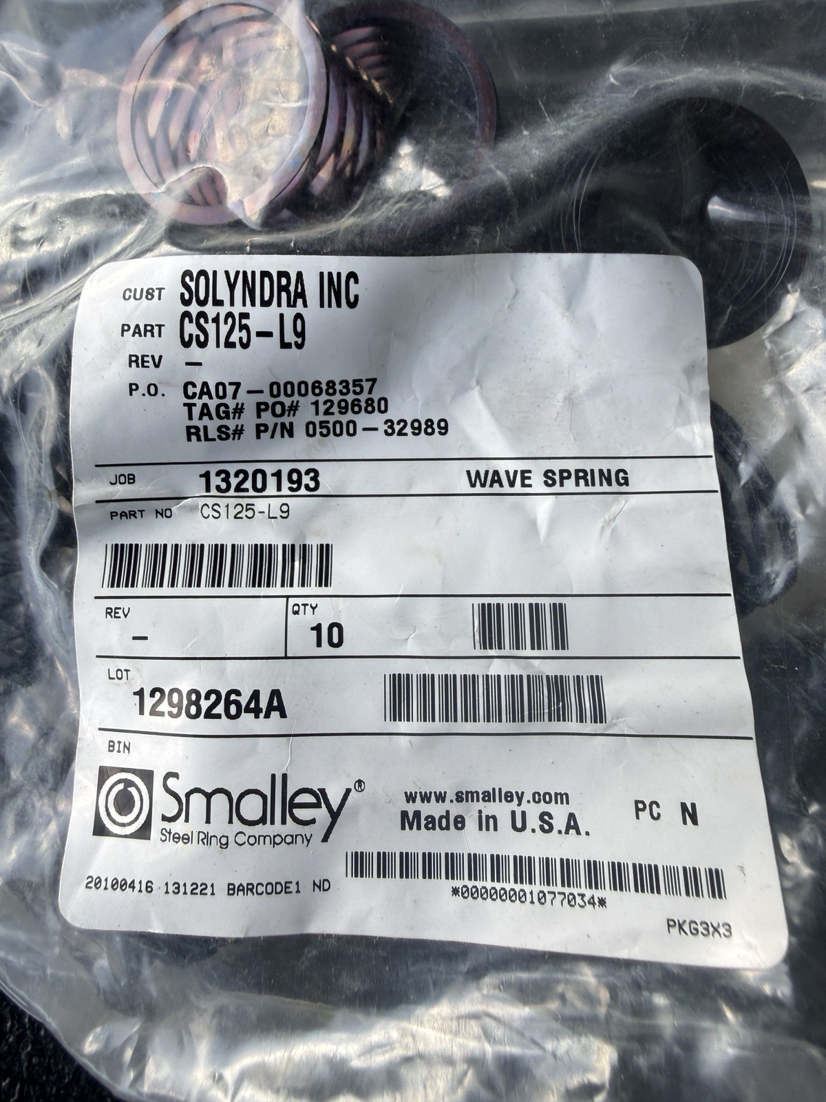 Smalley CS125-L9 Wave Springs Lot of 10 Crest-to-Crest Shim Ends USA