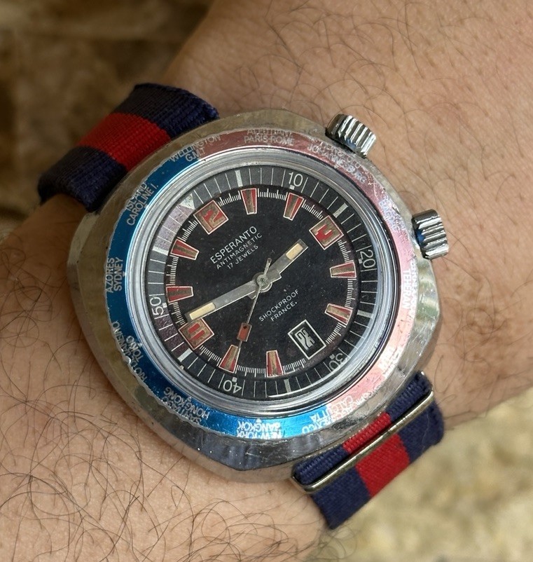 Vintage Esperanto World Time Diver Manual Wind 43mm 1970s Jumbo Black Dial GMT