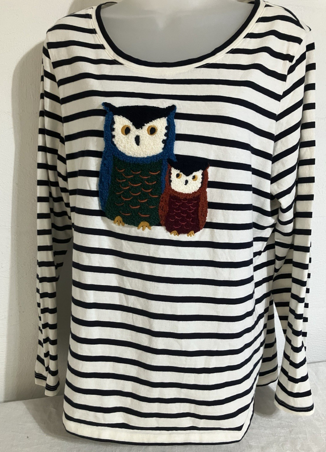 Talbots Plus 1X Black White Owl Friends Applique Long Sleeve Cotton Novelty