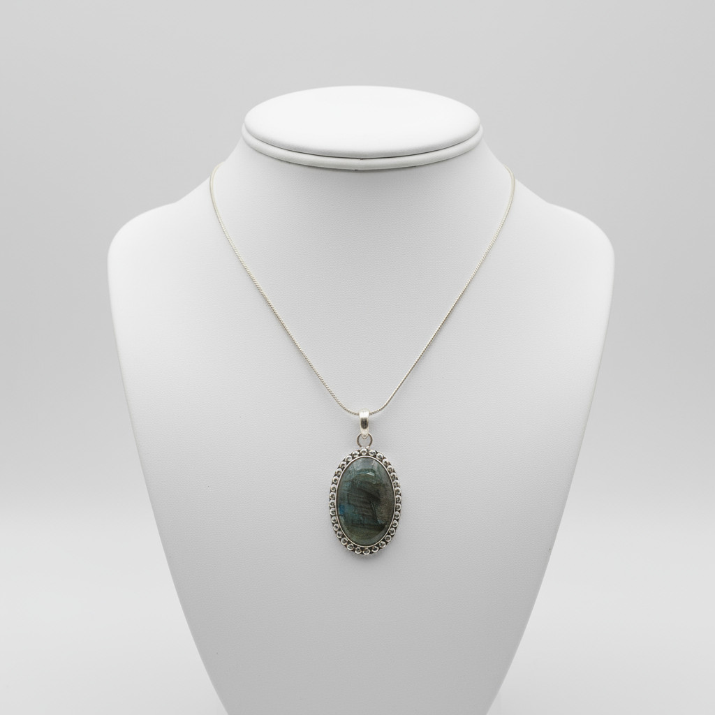 Elegant Labradorite Oval 60 Carat Pendant Necklace with Silver Chain, Free Chain