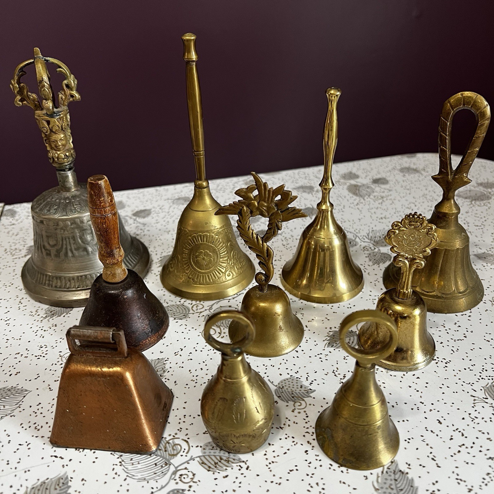 Vintage Brass Hand Bells Lot x10 Tibetan Buddhist Dorje Decorative Flower Ribbon Vintage Brass Hand Bells Lot x10 Tibetan Buddhist Dorje Decorative Flower Ribbon