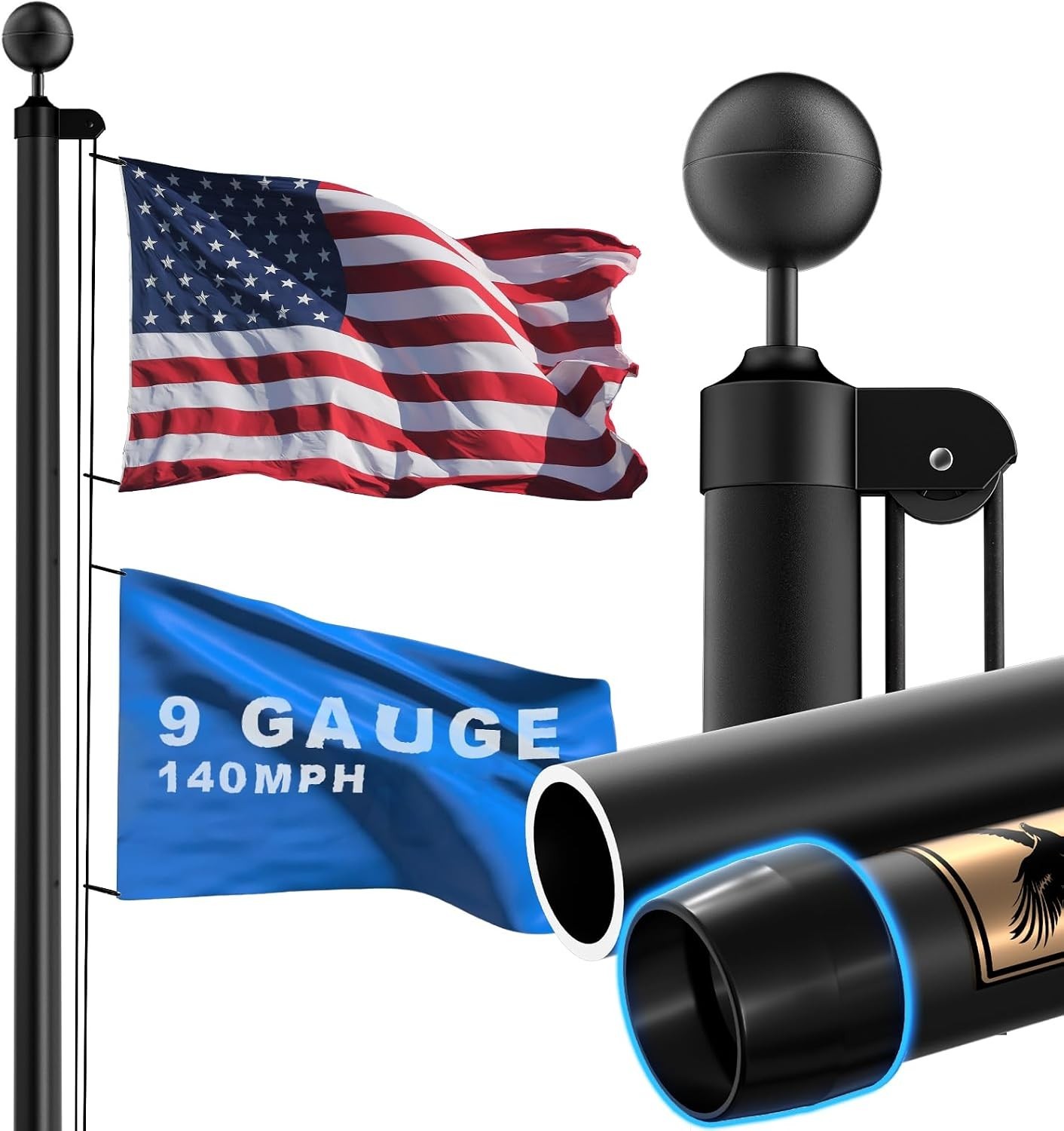 9 Gauge 25FT Flag Pole Heavy Duty Aluminum Kit with 3x5 American Flag 2.8mm
