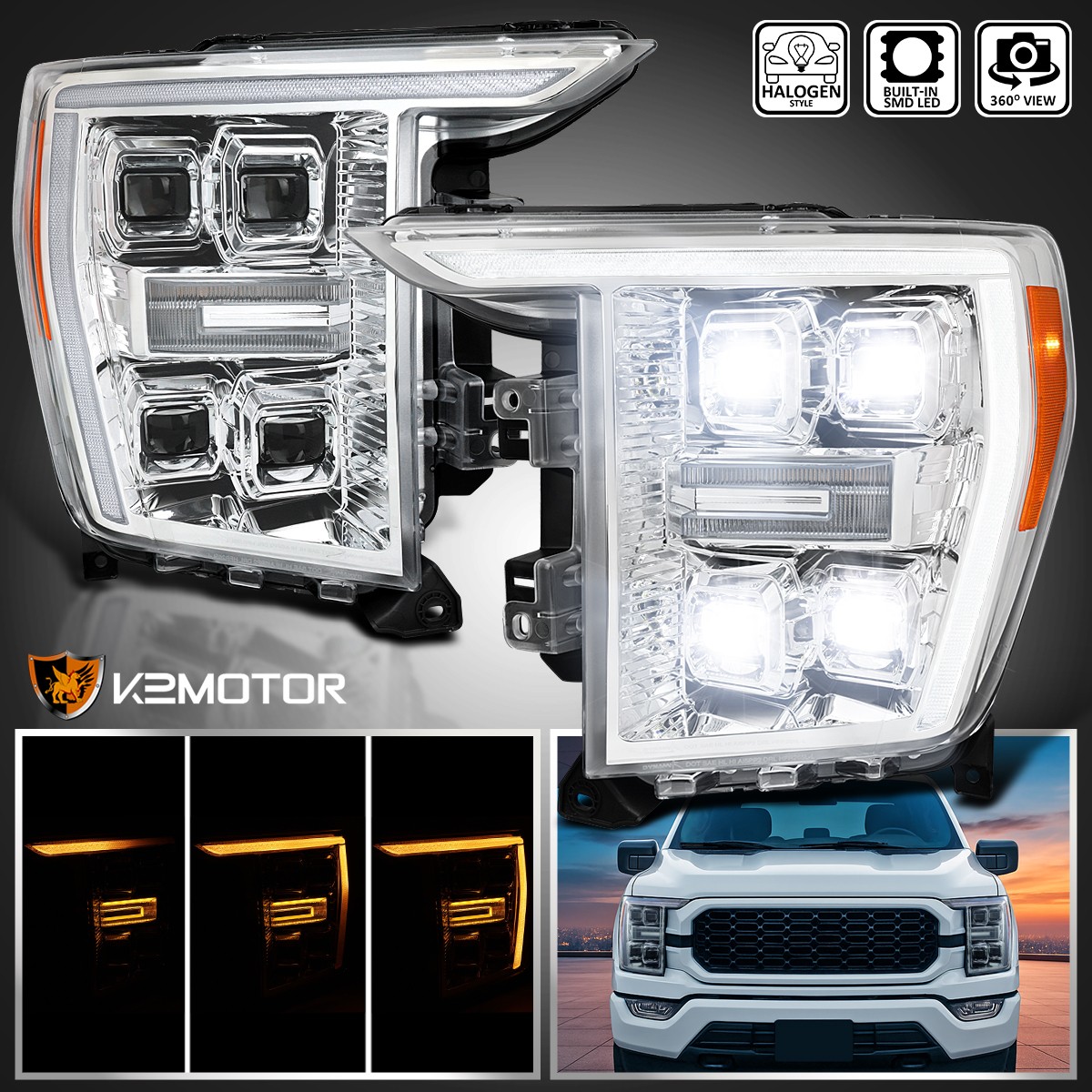 Fits 2021-2023 Ford F150 Halogen Type LED DRL Projector Headlights Switchback Fits 2021-2023 Ford F150 Halogen Type LED DRL Projector Headlights Switchback