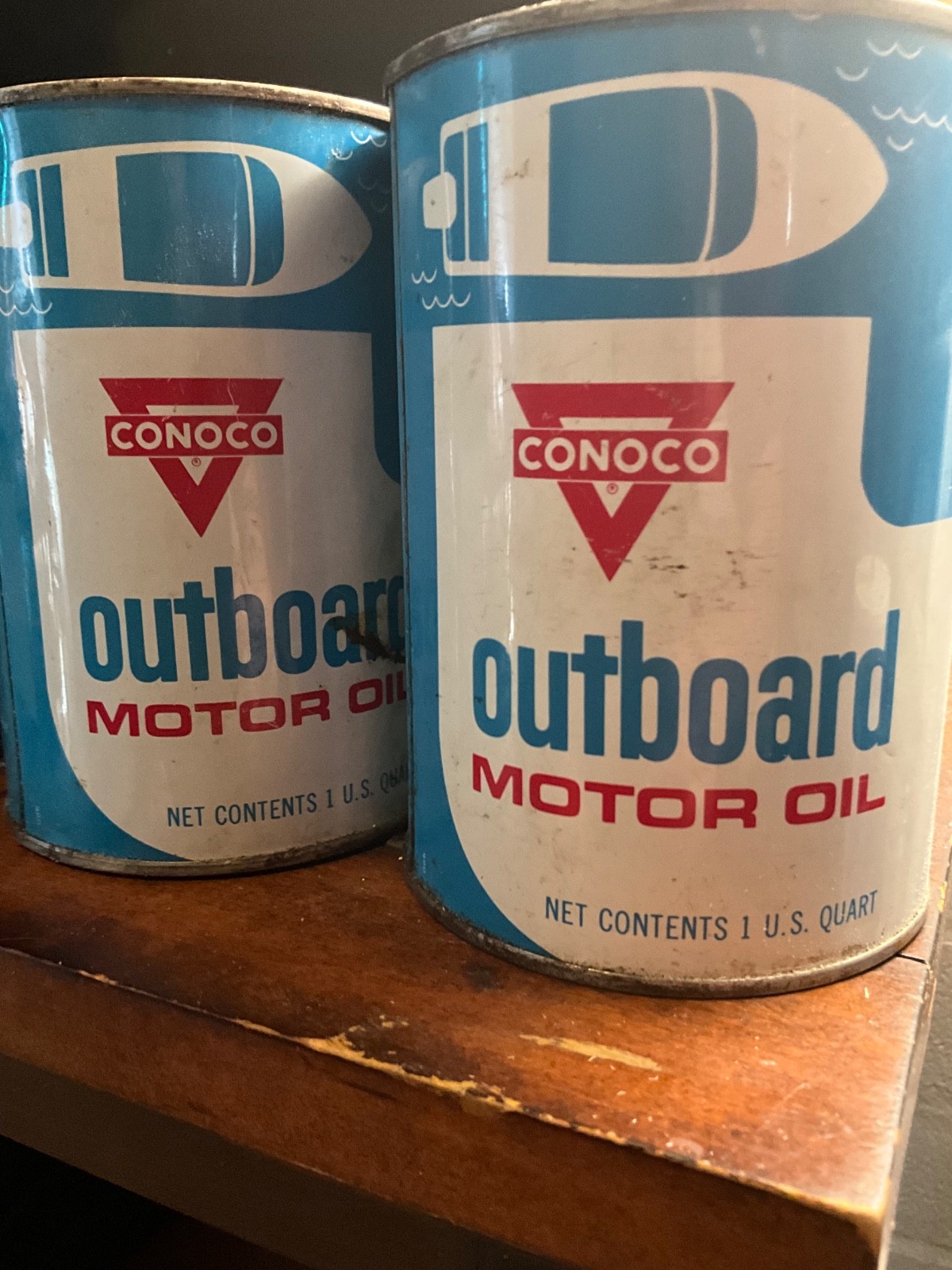 Two 1950’s era conoco OUTBOARD MOTOR OIL Metal Tin Cans full 1 qt Two 1950’s era conoco OUTBOARD MOTOR OIL Metal Tin Cans full 1 qt