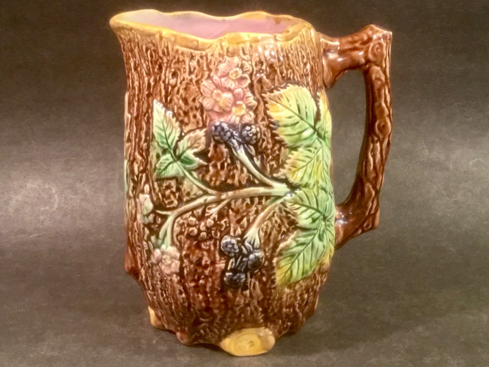 Beautiful Antique Majolica English Blackberries and Flowers on Bark Pitcher Beautiful Antique Majolica English Blackberries and Flowers on Bark Pitcher