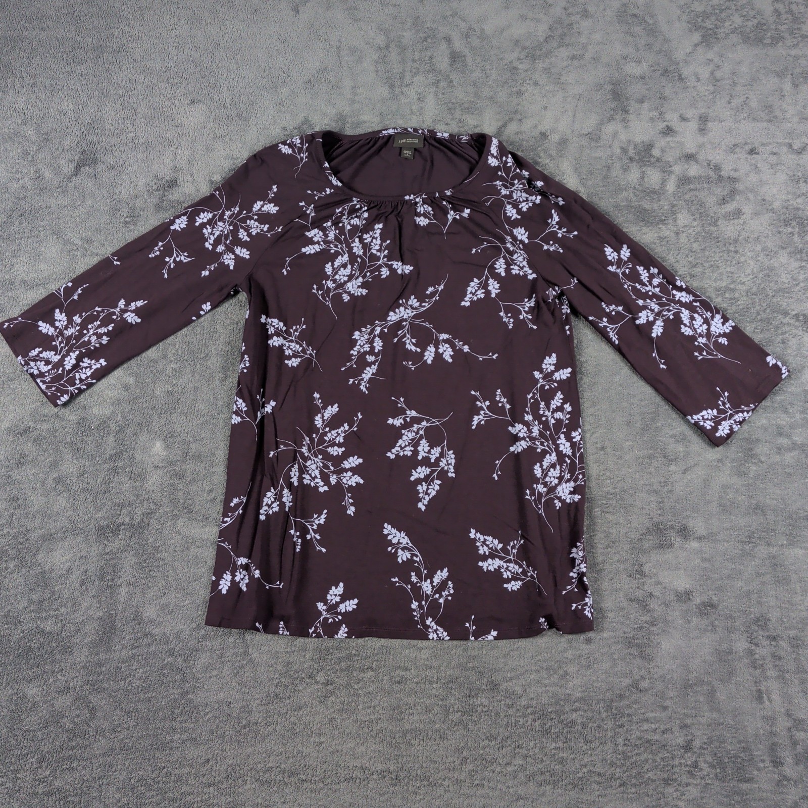 J Jill Blouse Womens Small Purple Floral 3/4 Sleeve Tunic Top Rayon Stretch