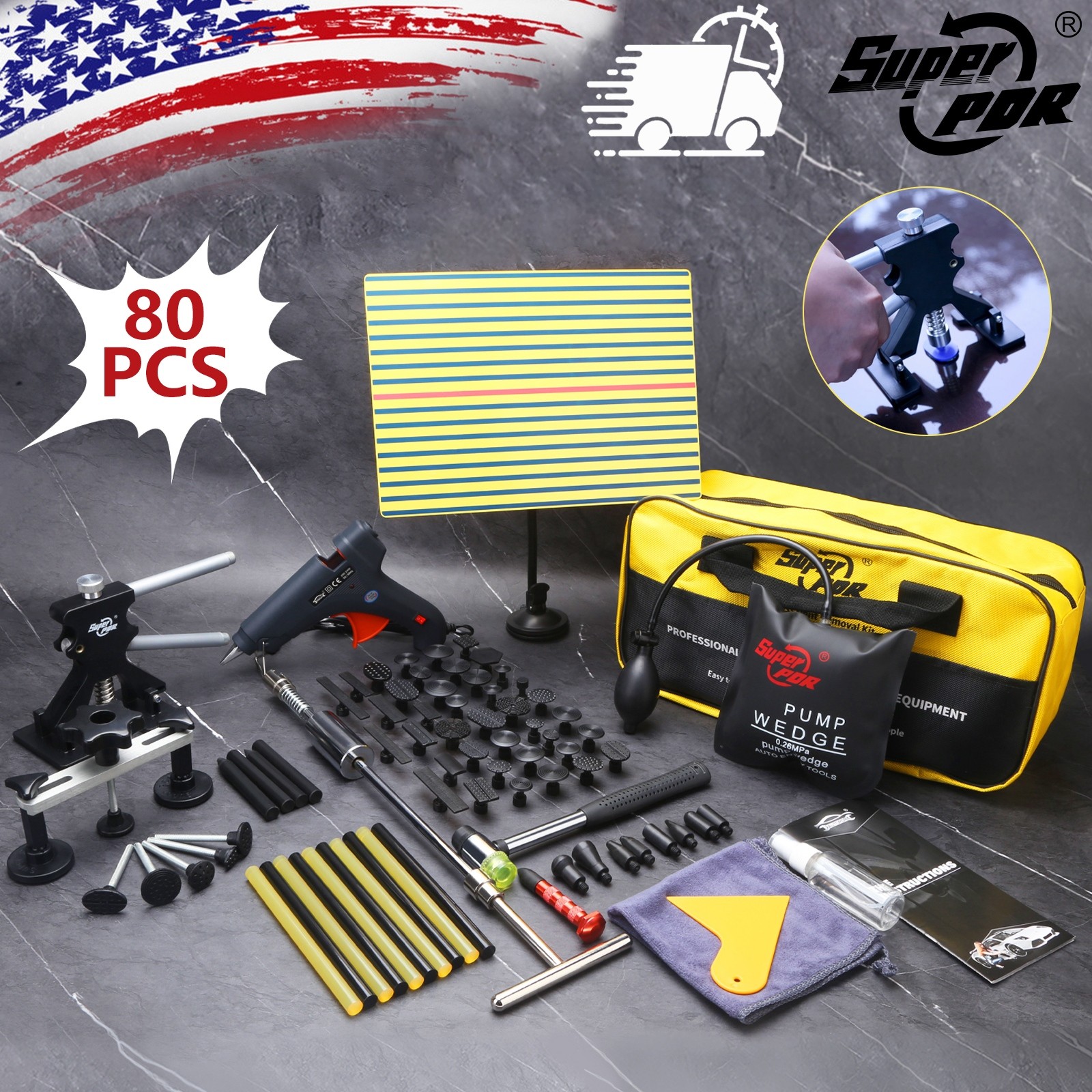 PDR 80PCS Car Dent Puller Repair Paintless Hammer Kit Removal Hail Lifter Tool