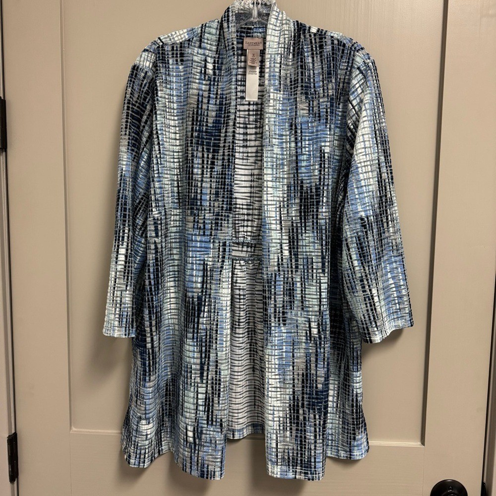 Easywear by Chico\'s Burnout Open Front 3/4 Sleeve Cardigan Topper Blue Sz 3 (XL) Easywear by Chico\'s Burnout Open Front 3/4 Sleeve Cardigan Topper Blue Sz 3 (XL)
