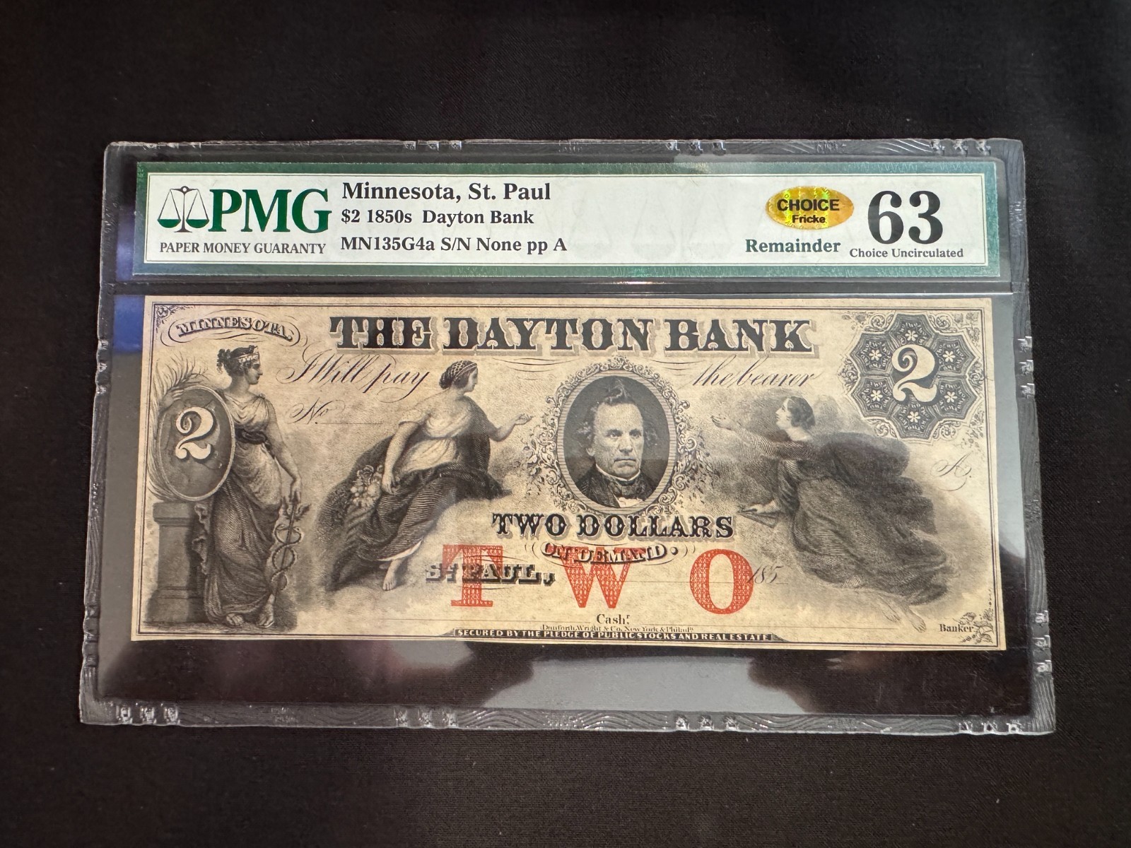 1850s The Dayton Bank Minnesota $2 Dollar Remainder PMG 63 Gem Choice UNC 1850s The Dayton Bank Minnesota $2 Dollar Remainder PMG 63 Gem Choice UNC