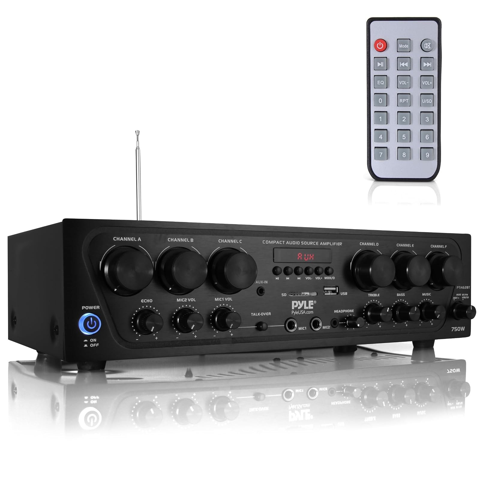 Pyle 750W Bluetooth Karaoke Amplifier 6 Channel USB AUX Mic Echo System