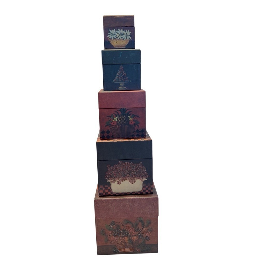 VTG Bob\'s Boxes Fruits & Flowers Nesting Boxes set of 5 w Lids Festive primative VTG Bob\'s Boxes Fruits & Flowers Nesting Boxes set of 5 w Lids Festive primative