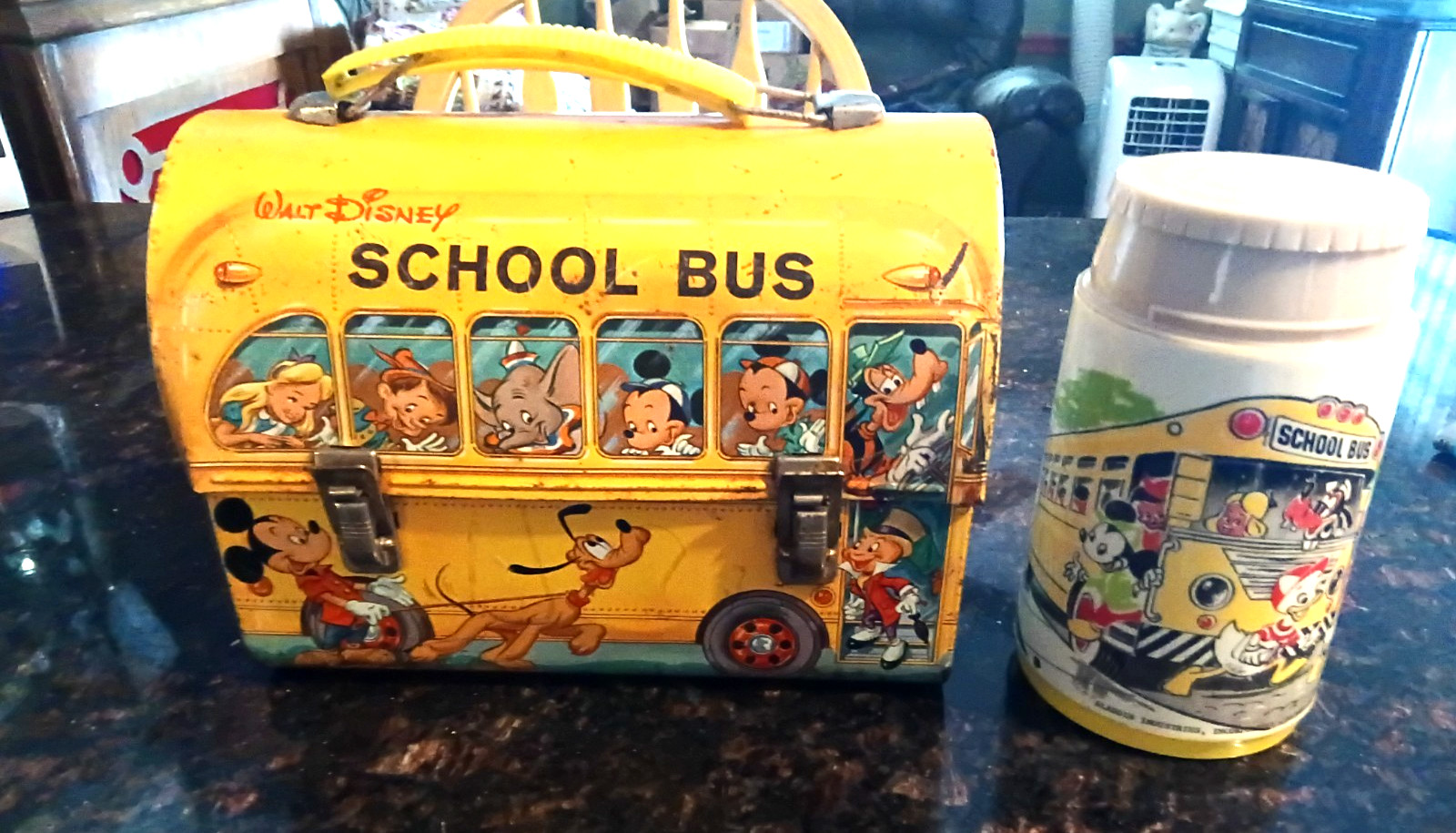 Old Vintage Walt Disney Dome Metal School Bus Lunch Box W/Thermos 1960s Old Vintage Walt Disney Dome Metal School Bus Lunch Box W/Thermos 1960s