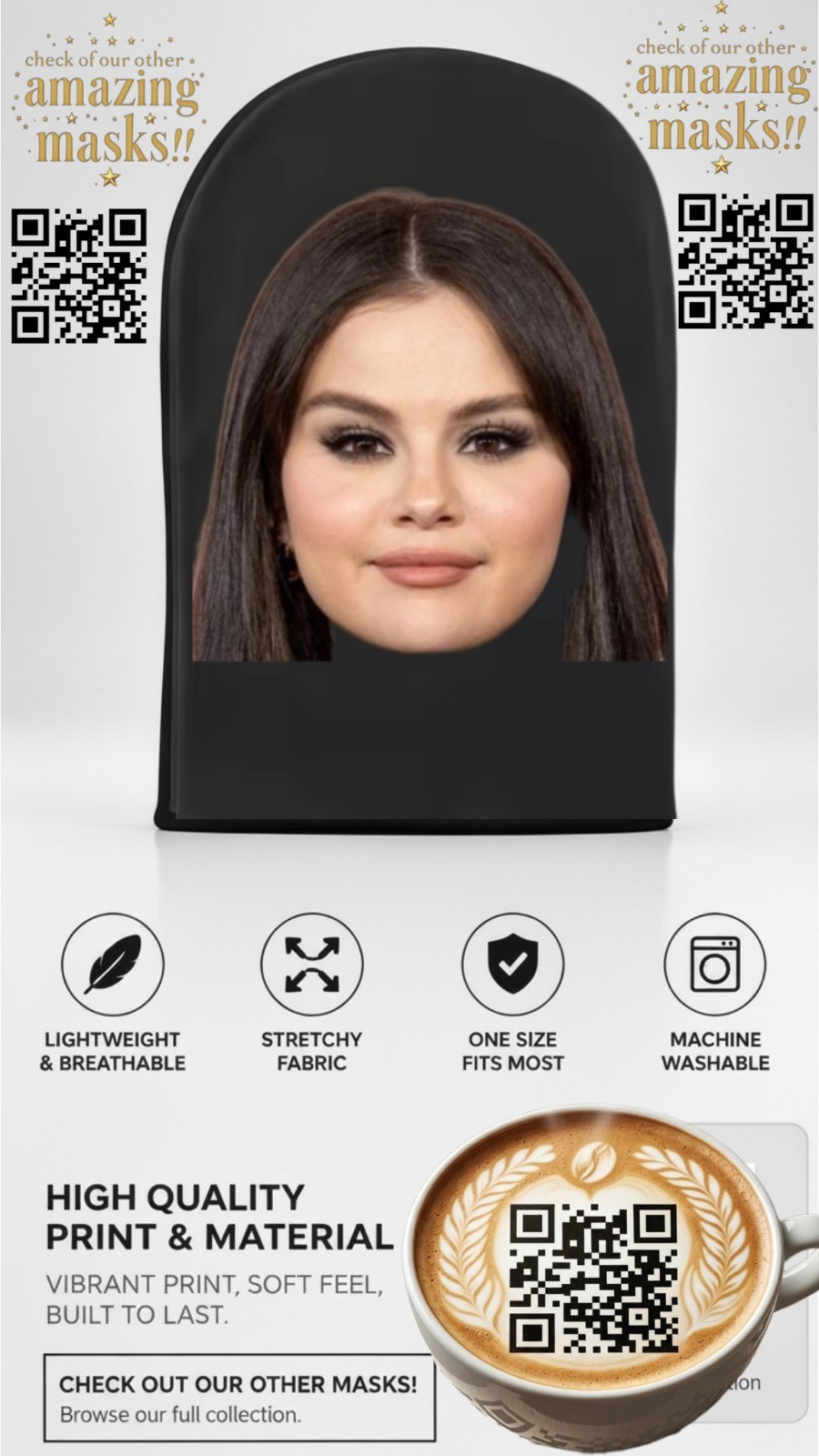 Selena Gomez Mesh Mask Full Face Breathable Costume Cosplay Halloween Gag