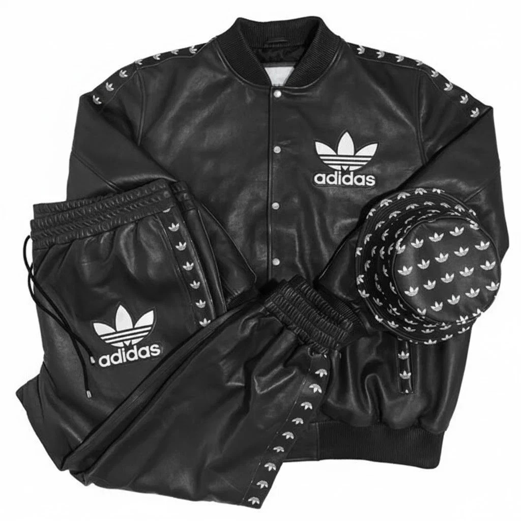 Vintage Black Leather Tracksuit Jacket Pants & Hat Set Leather Tracksuit