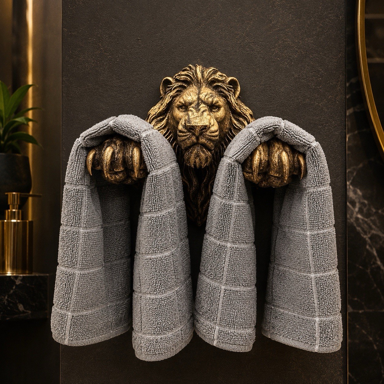 Lion Head Hand Towel Holder Wall Mount Bathroom Decor Antique Gold Sculpture