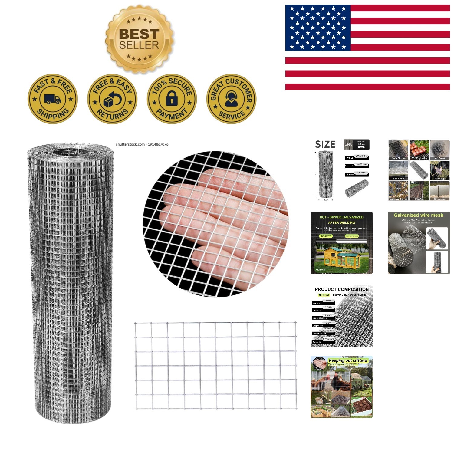 Durable 12\'\' x 10\' Galvanized Wire Mesh Roll - Versatile Chicken & Rabbit Fence