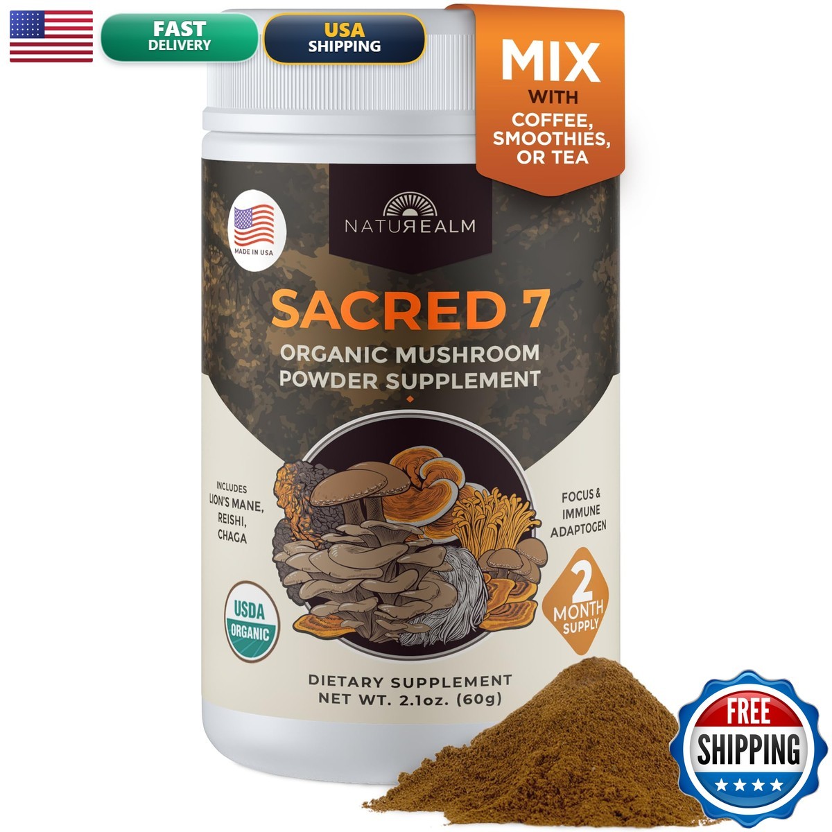 Naturealm Sacred 7 Organic Mushroom Powder Blend 60 Servings 1000mg