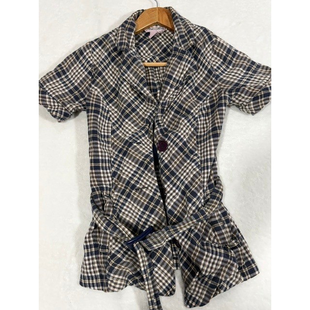 Pink Mode Plaid Belted Top Women S Blue Brown Excellent Short Sleeve Button Up