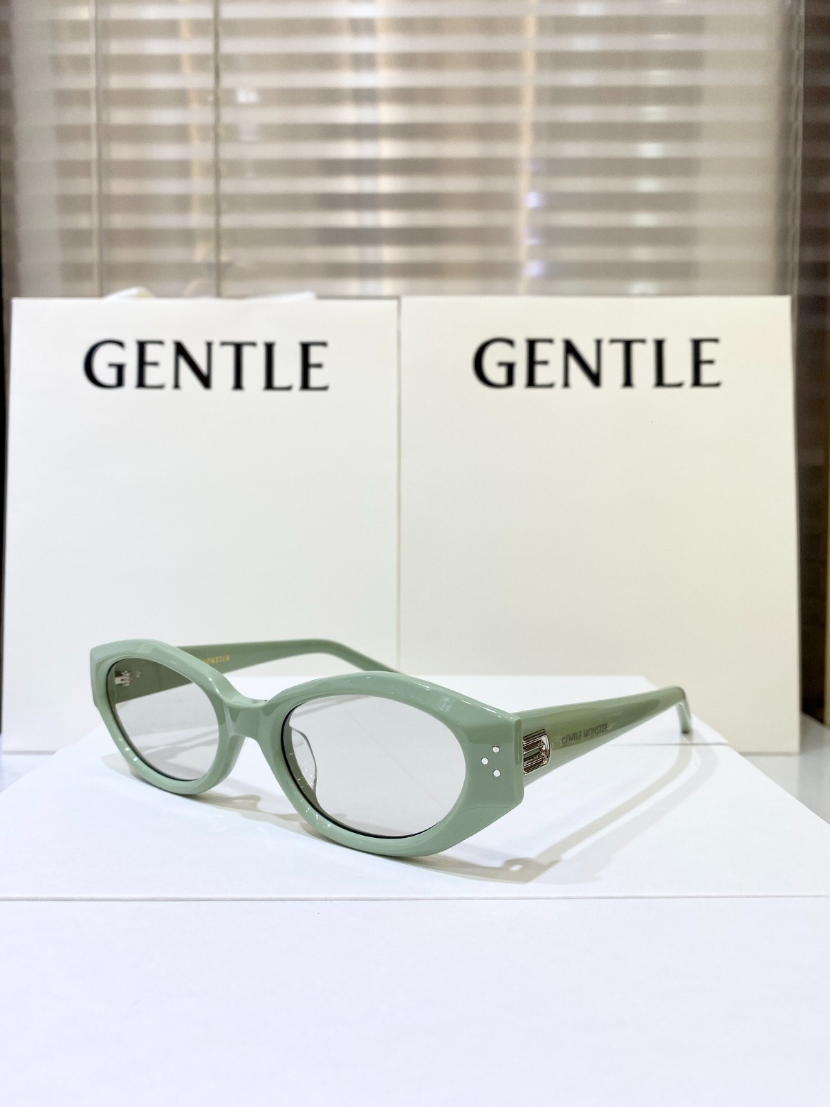 Gentle Monster DADA Eyeglasses Glossy Sage Green Frame Clear Lens Gold Trim