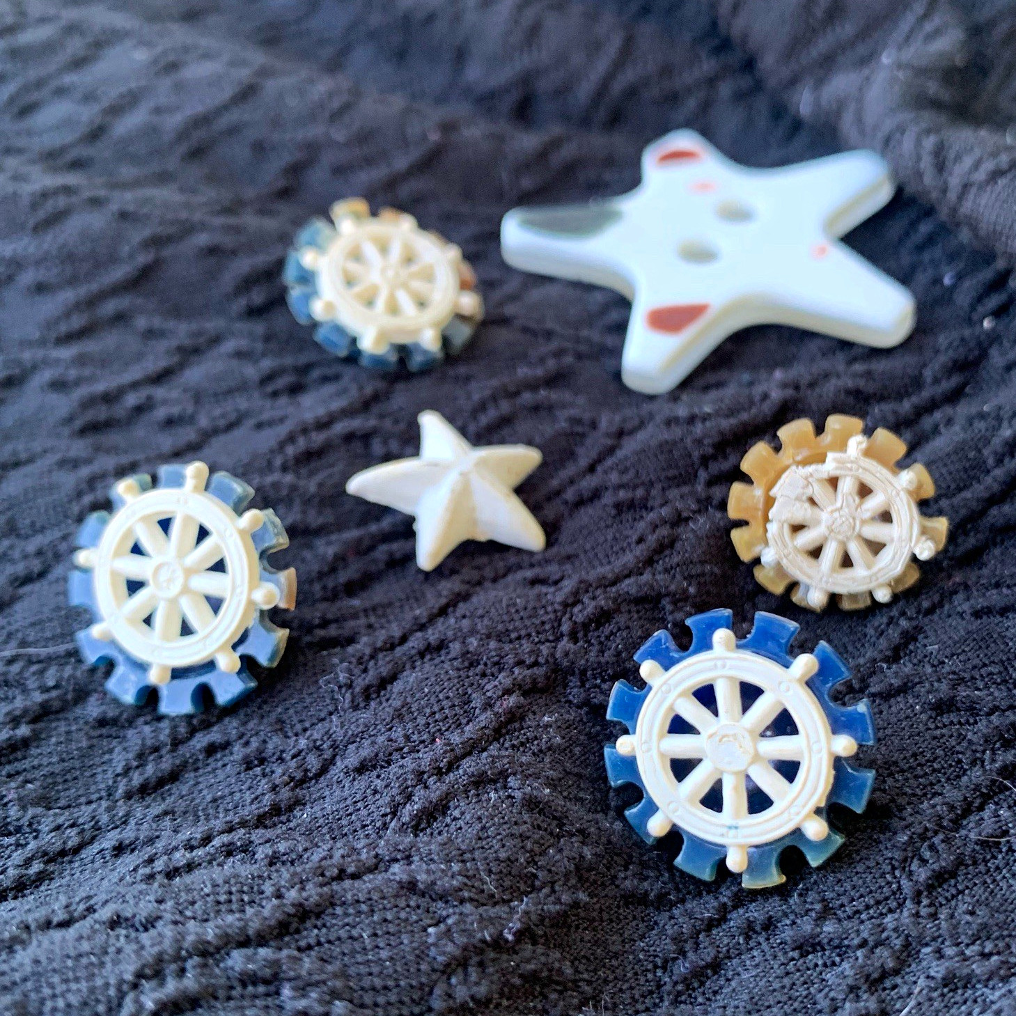 Vintage Nautical Button Lot of 6 Ship Wheels & Stars Blue Cream Ocean Celluloid?
