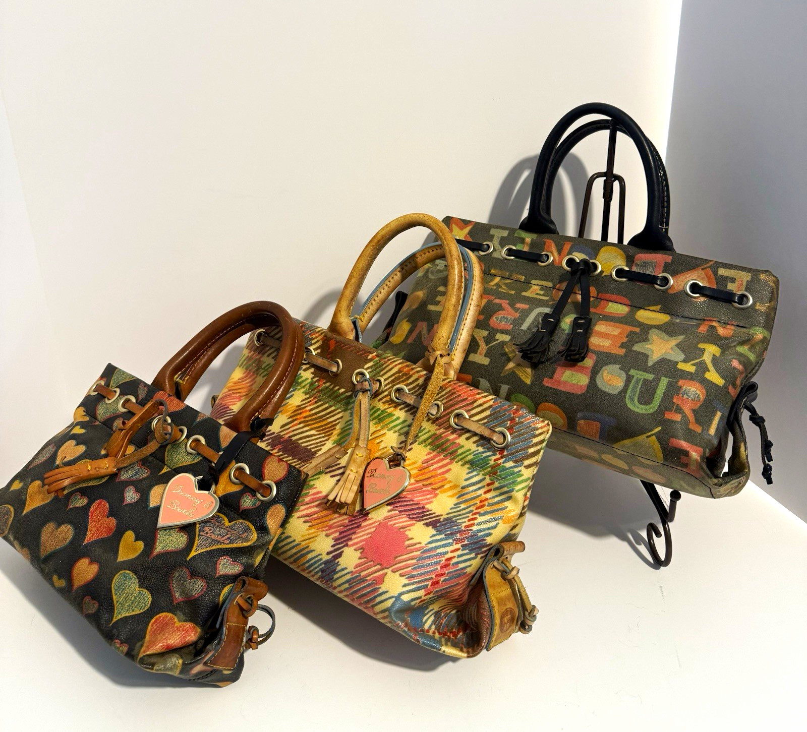 3 Dooney & Bourke Multicolor Top Handle Satchel Drawstring Tassel Lined Charm