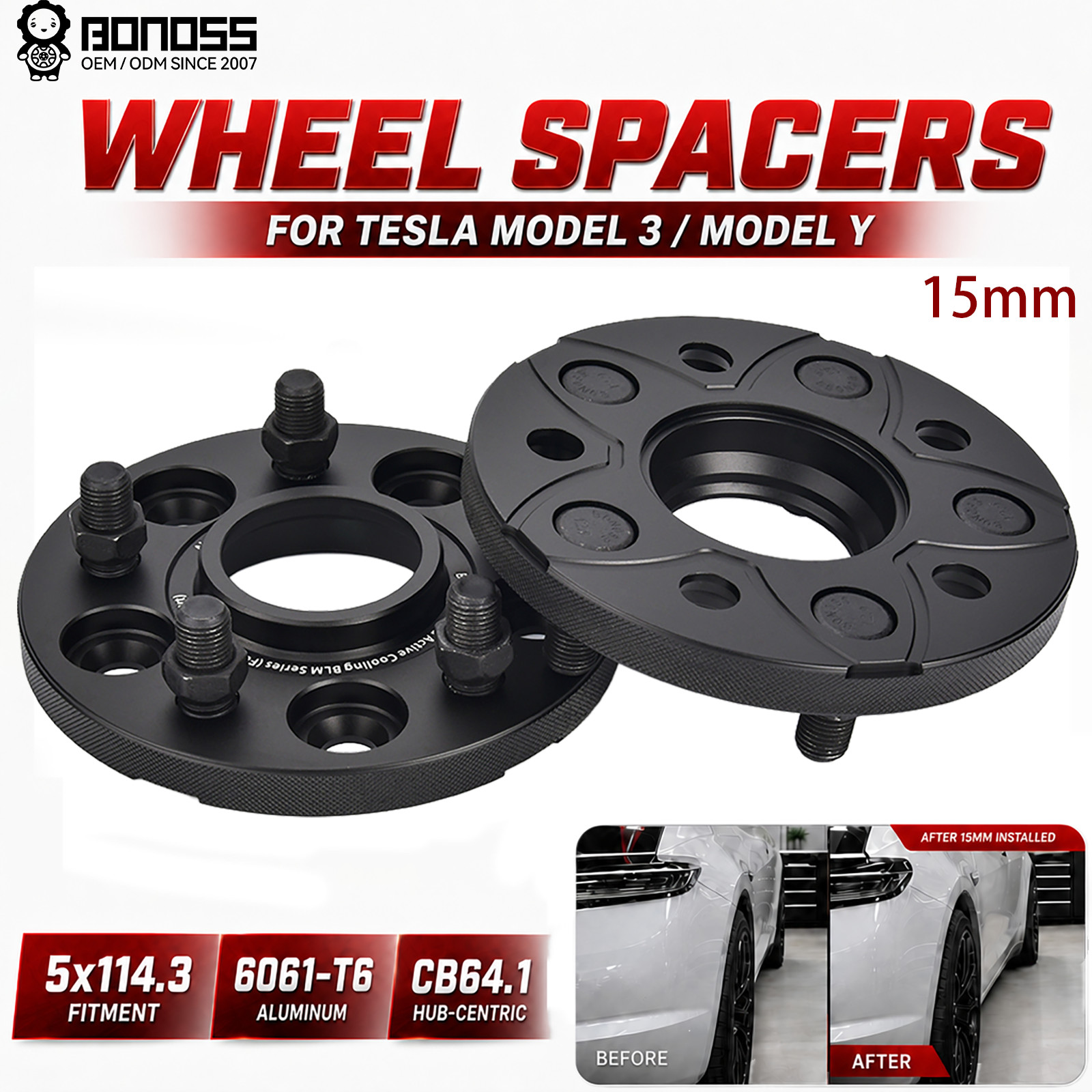 BONOSS 15mm For Tesla Model 3/Y Hub Centric 2Pcs Wheel Spacers 5x114.3 CB64.1