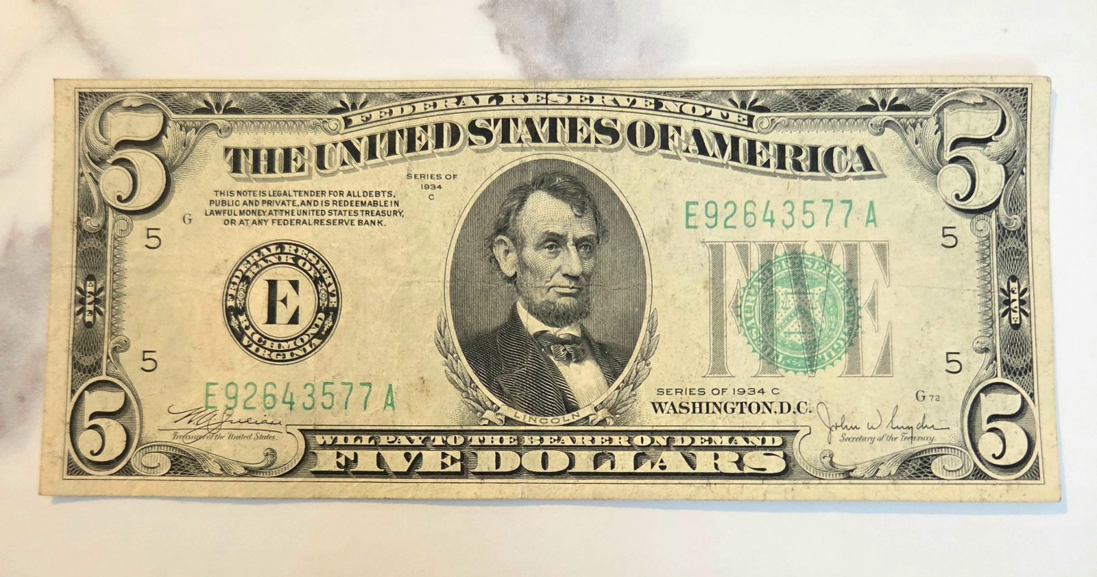 1934-C $5 Green Seal Five Dollar Bill Note Richmond FRB E92643577A Paper Money 1934-C $5 Green Seal Five Dollar Bill Note Richmond FRB E92643577A Paper Money