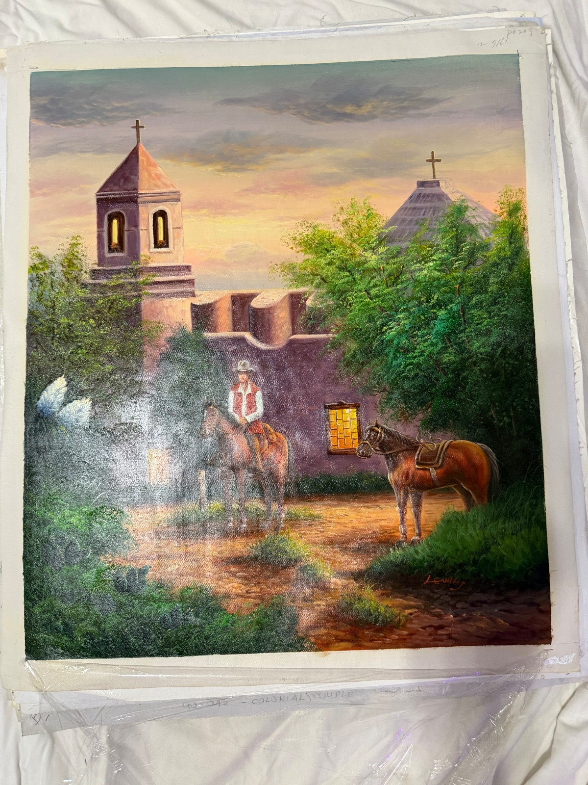 Original Western Mission Landscape Oil Painting Print Cowboy Horses Vintage Art Original Western Mission Landscape Oil Painting Print Cowboy Horses Vintage Art
