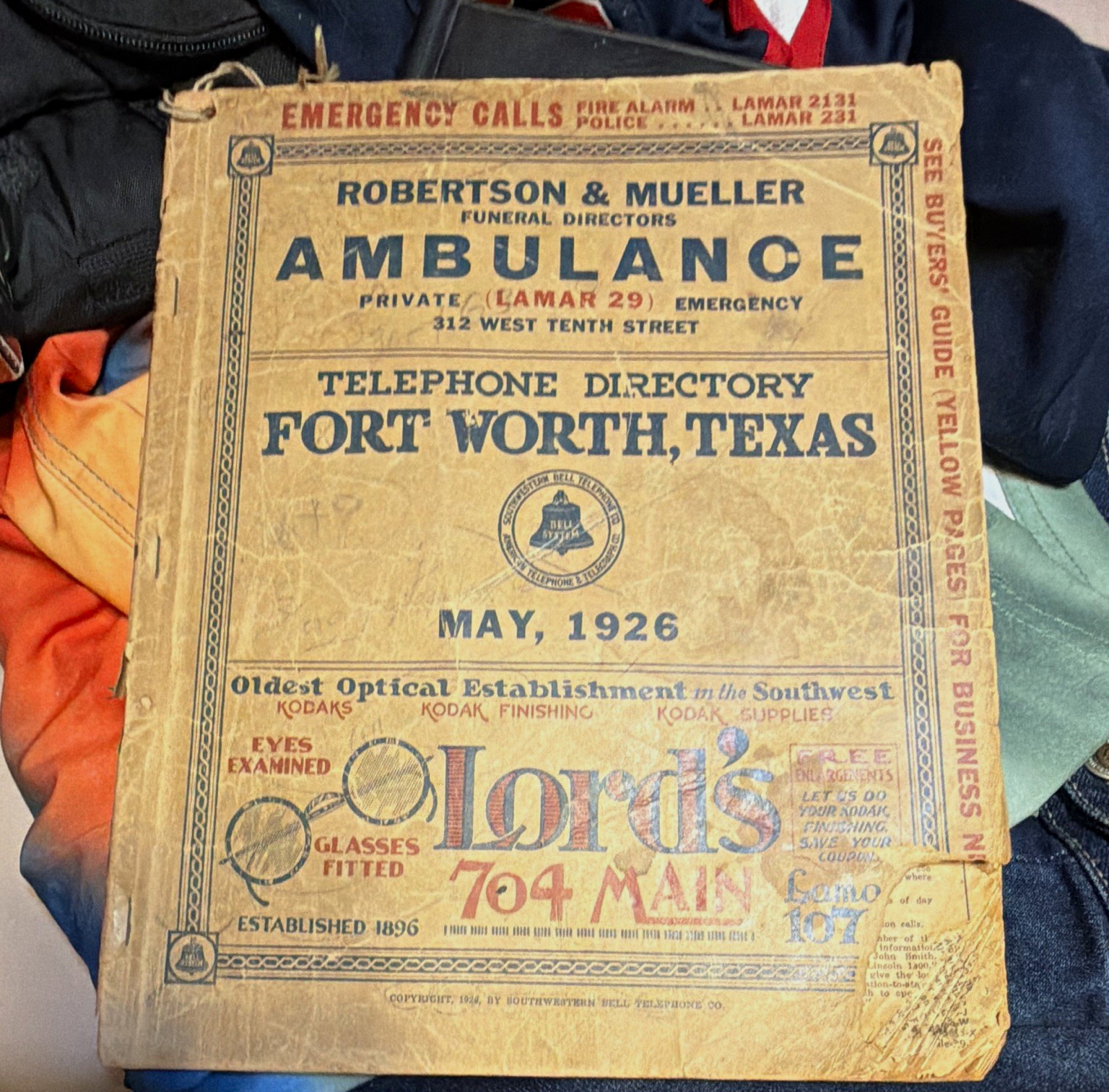 Fort Worth, Texas Telephone Directory May 1926 Southwestern Bell Telephone Co. Fort Worth, Texas Telephone Directory May 1926 Southwestern Bell Telephone Co.