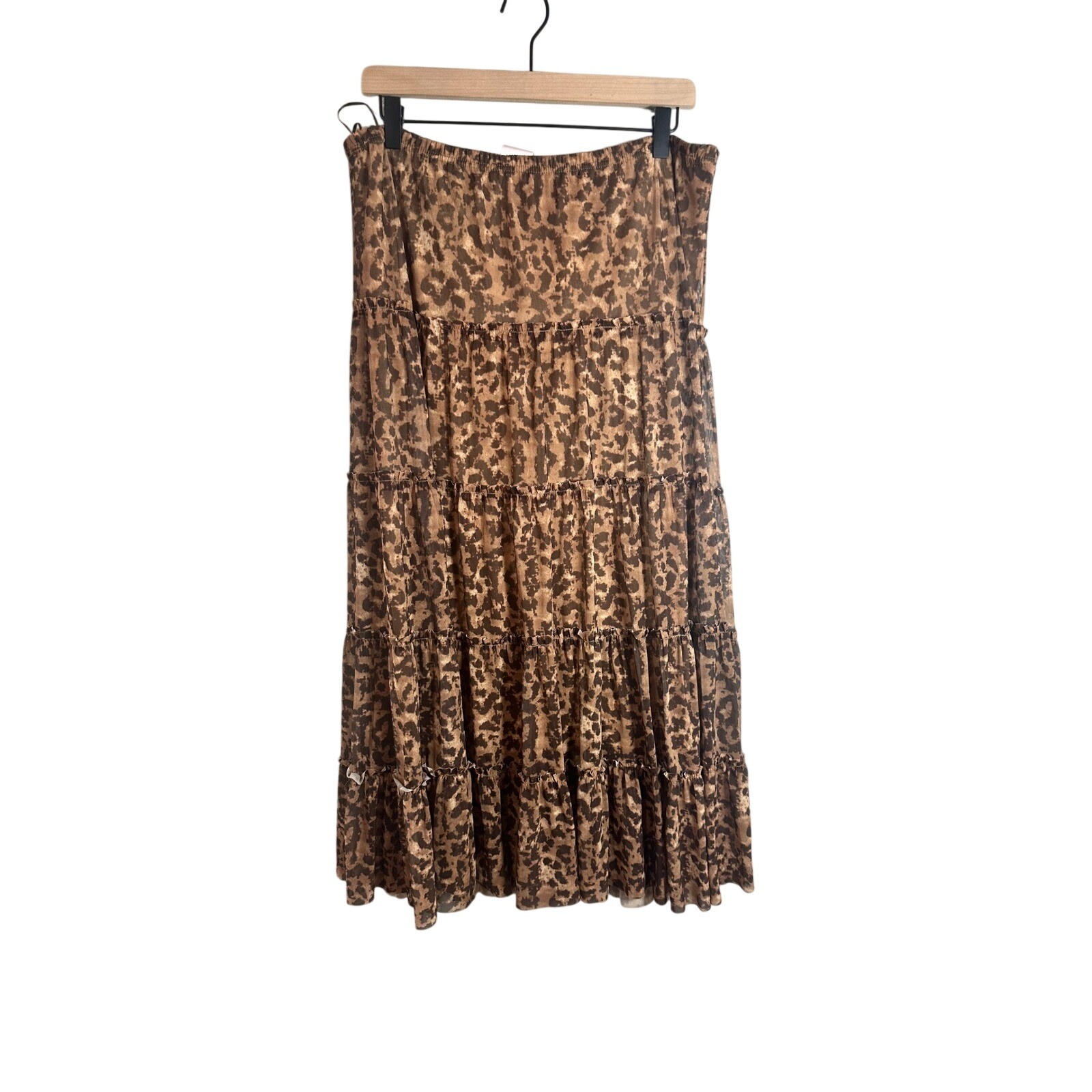 Metro Wear Leopard Print Tiered Maxi Skirt Brown Mesh Ruffle Boho Y2K Large