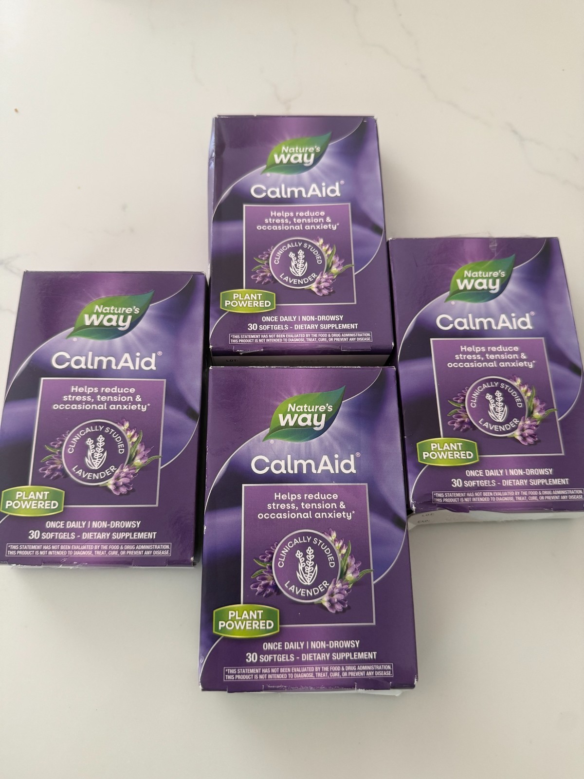 4 pk Nature's Way CalmAid Lavender Silexan 80mg 30 Softgels Non-Drowsy 06/27 4 pk Nature's Way CalmAid Lavender Silexan 80mg 30 Softgels Non-Drowsy 06/27