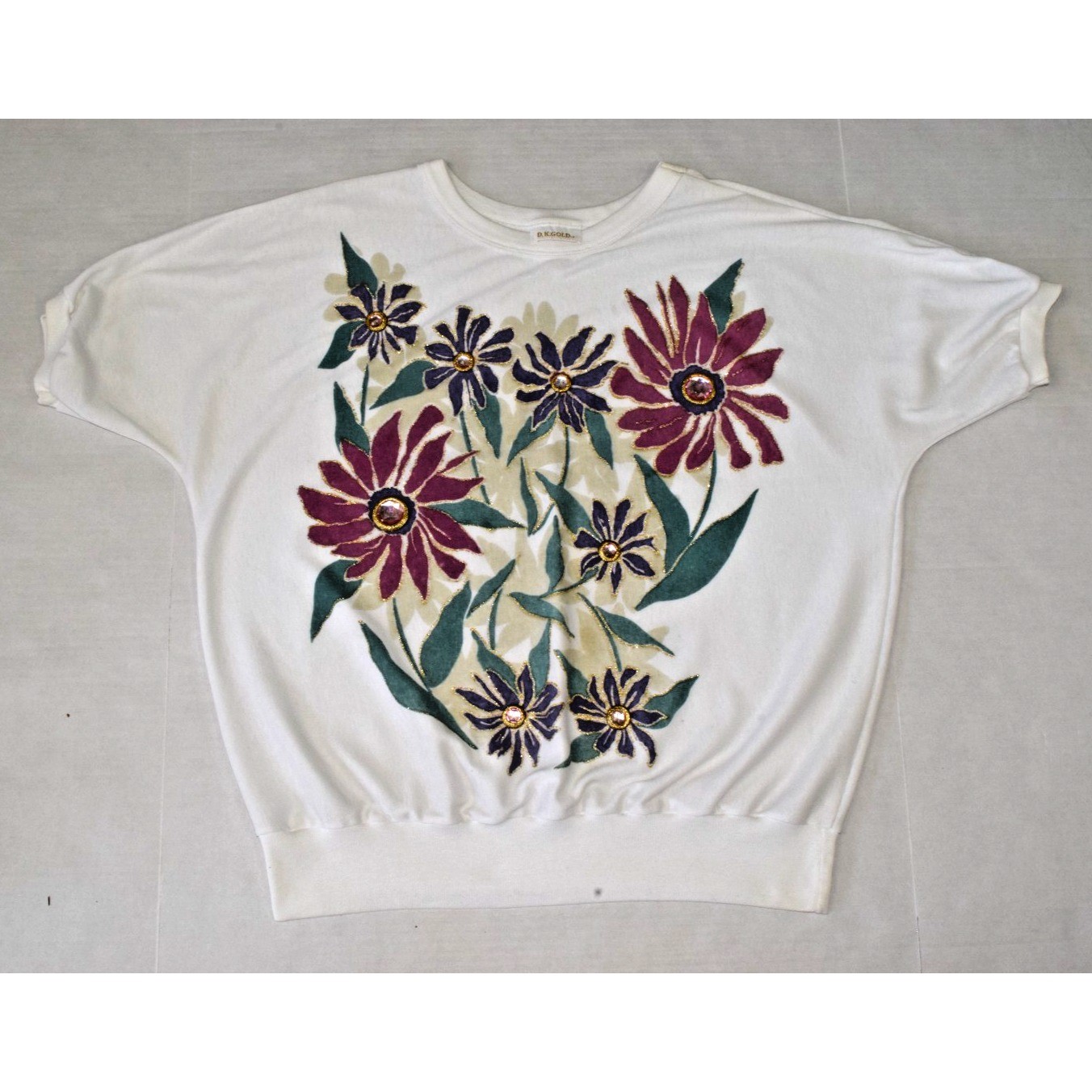 Vintage T-Shirt Top Bedazzled Wildflowers DK Gold Size S 80s Oversized Seamless