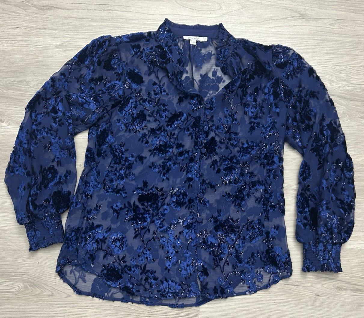 Chico\'s Sheer Velvet Burnout Blue Floral top shirt Sparkle party formal 0.5 Chico\'s Sheer Velvet Burnout Blue Floral top shirt Sparkle party formal 0.5