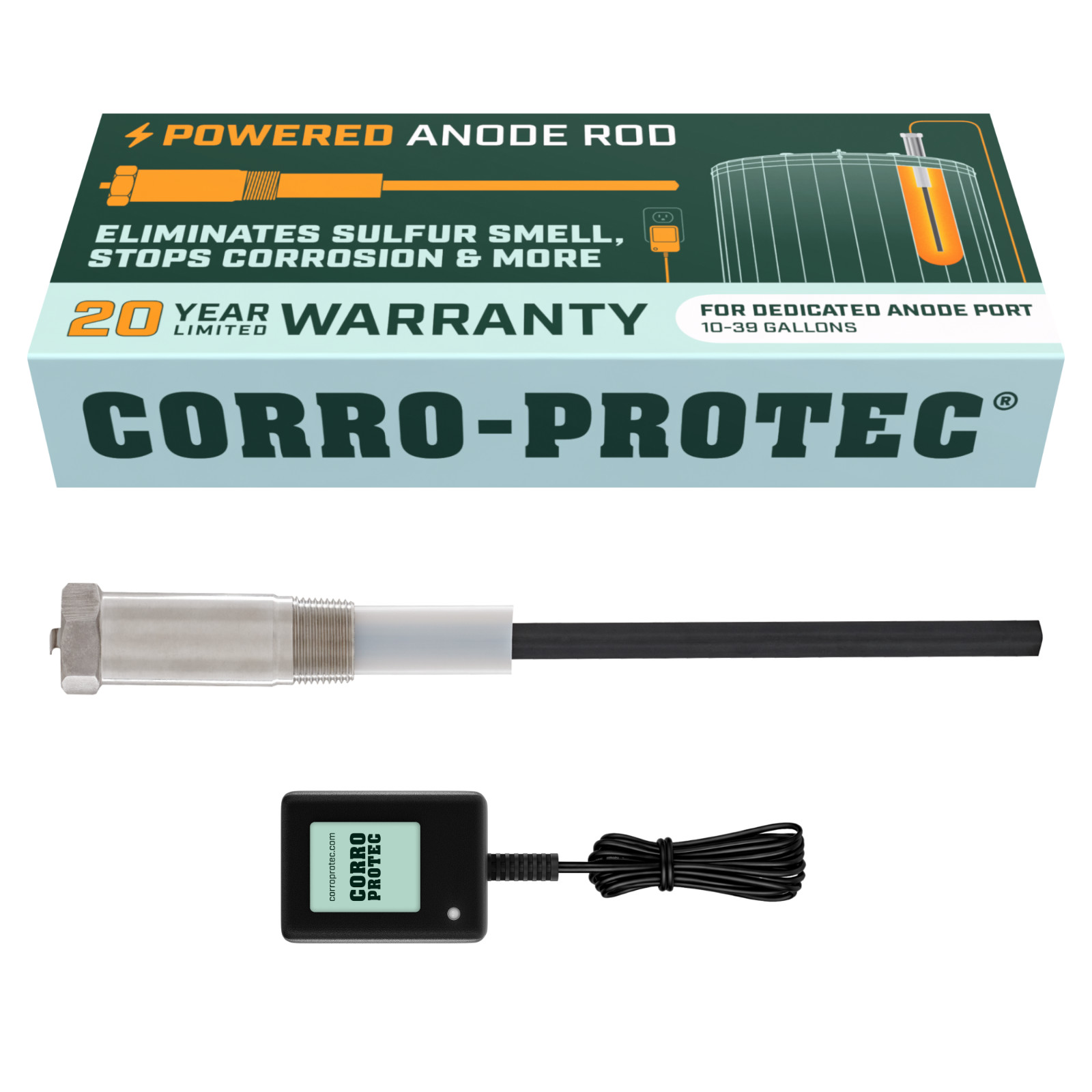 Corro-Protec Powered Anode for Water Heater, 20-Year Warranty + Eliminates Smell