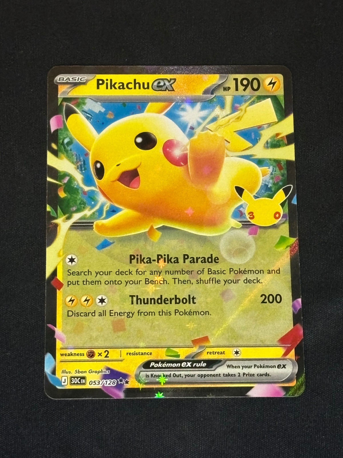 Pikachu ex 053/128 Holo Ultra Rare ME: 30th Celebration Pokemon Near Mint Pikachu ex 053/128 Holo Ultra Rare ME: 30th Celebration Pokemon Near Mint