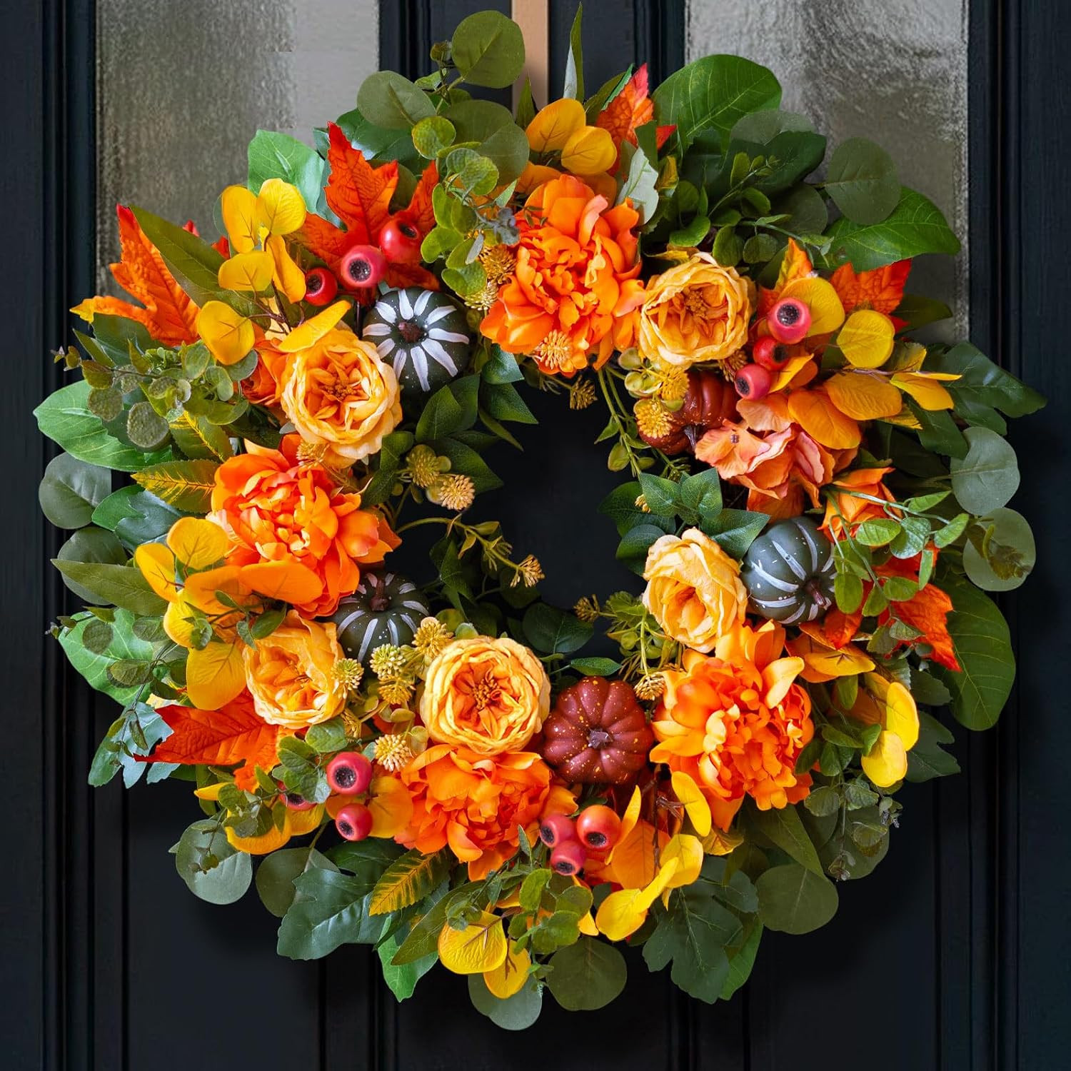 24 Inch Harvest Fall Wreaths for Front Door outside with Orange Peony | Artifici 24 Inch Harvest Fall Wreaths for Front Door outside with Orange Peony | Artifici