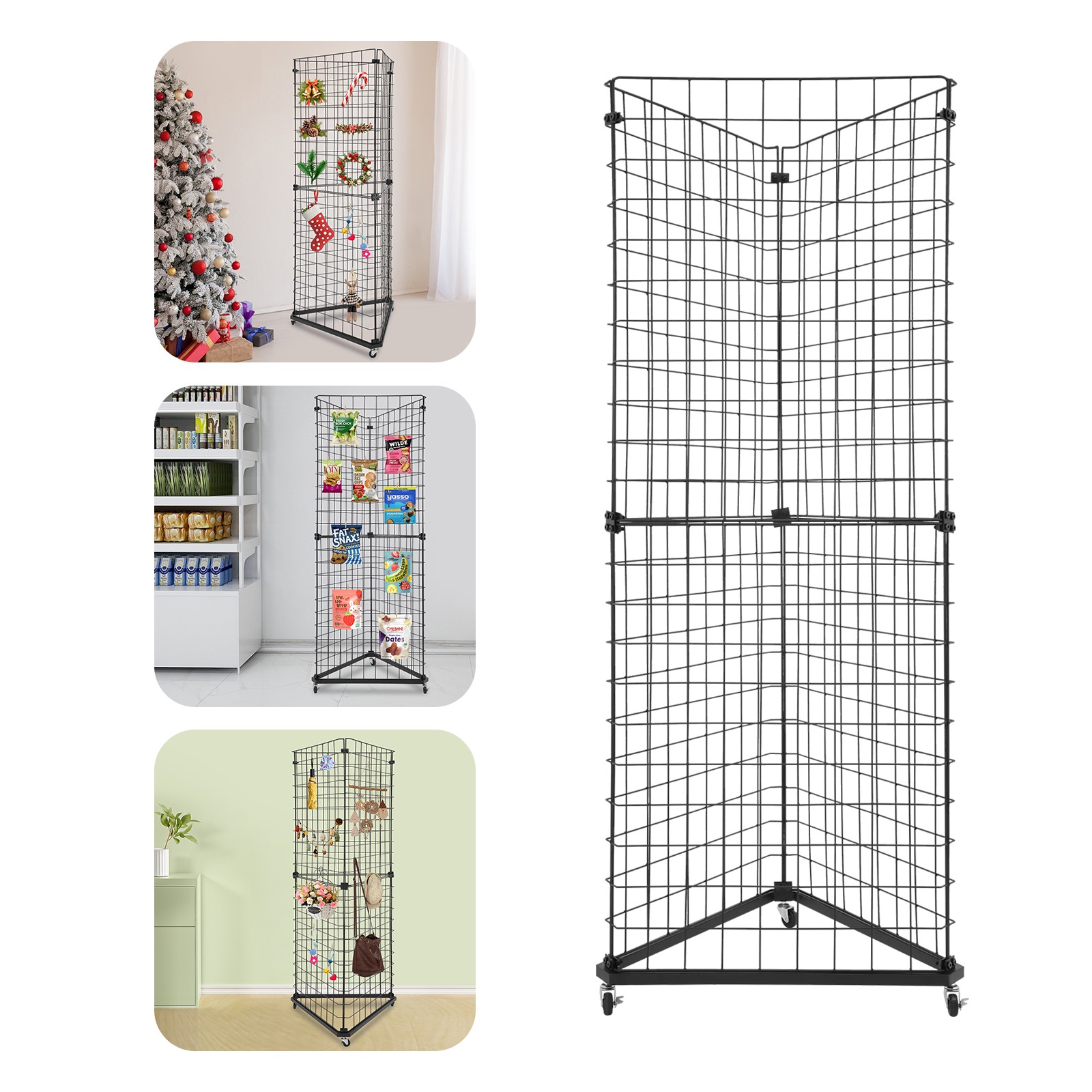 Triangle Wire Grid Display Stand With Casters, Corner Rack