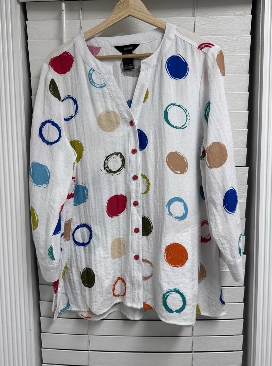 Ali Miles Circles Polka Dots Button Up Long Sleeve Top Artsy Womens Size L Ali Miles Circles Polka Dots Button Up Long Sleeve Top Artsy Womens Size L