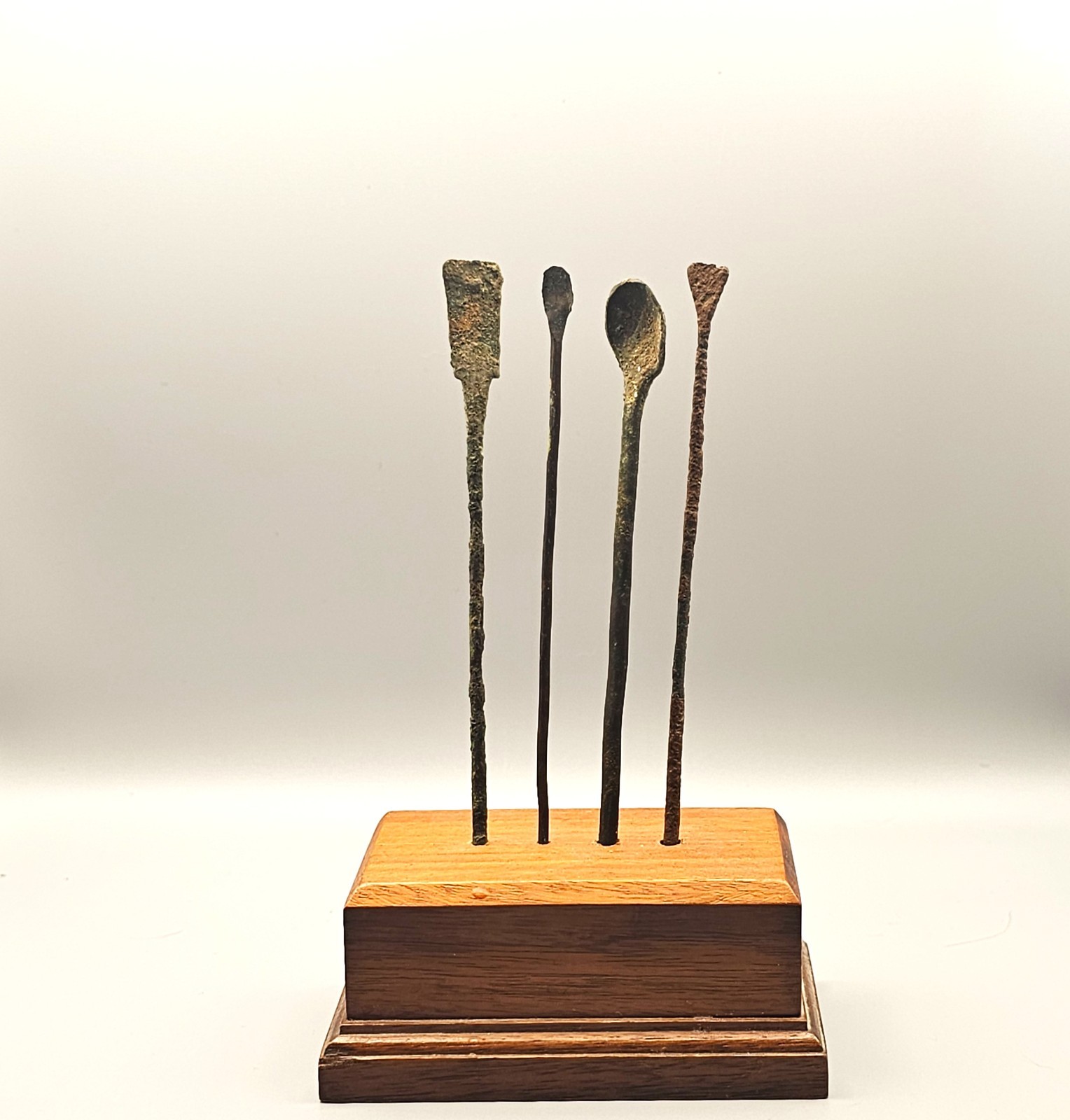 1st/2nd c. Bronze Roman Medical Tools w Wood Stand Ancient Antique