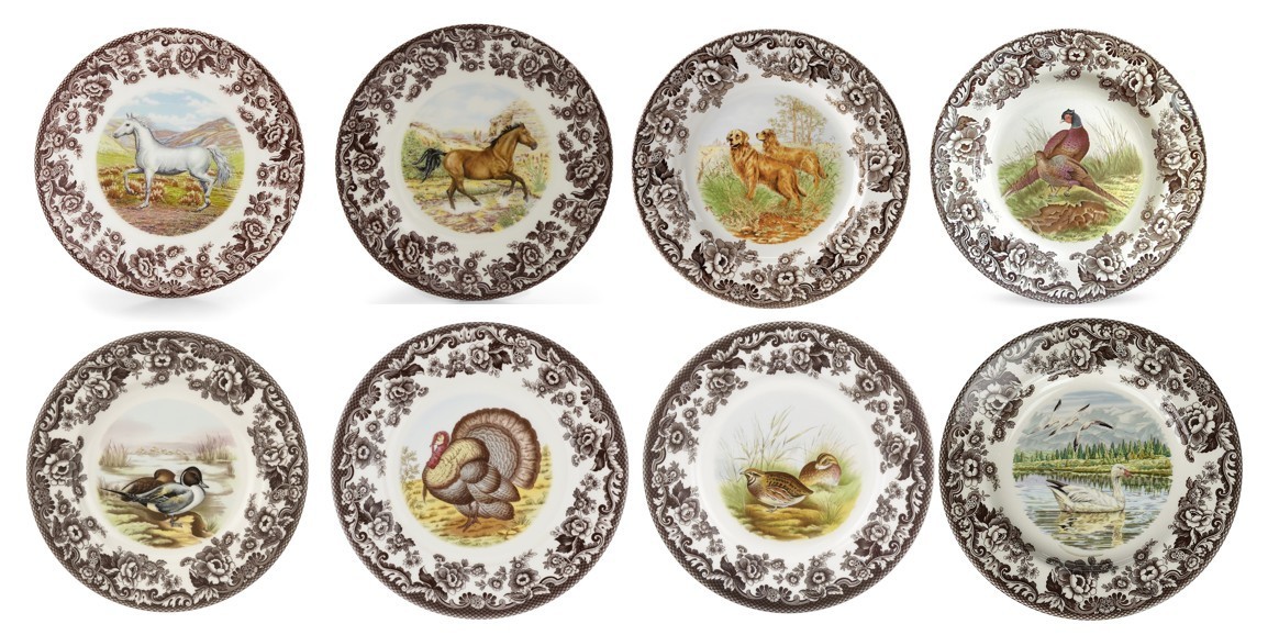 Spode woodland set of 8 X dinner plates- 8 designs inc horses-----3708----- Spode woodland set of 8 X dinner plates- 8 designs inc horses-----3708-----