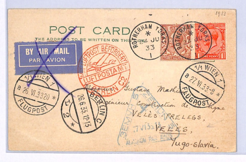 GB Air Mail Card YUGOSLAVIA Veles via Berlin/Vienna Rotherham Yorks 1933 XF165 GB Air Mail Card YUGOSLAVIA Veles via Berlin/Vienna Rotherham Yorks 1933 XF165